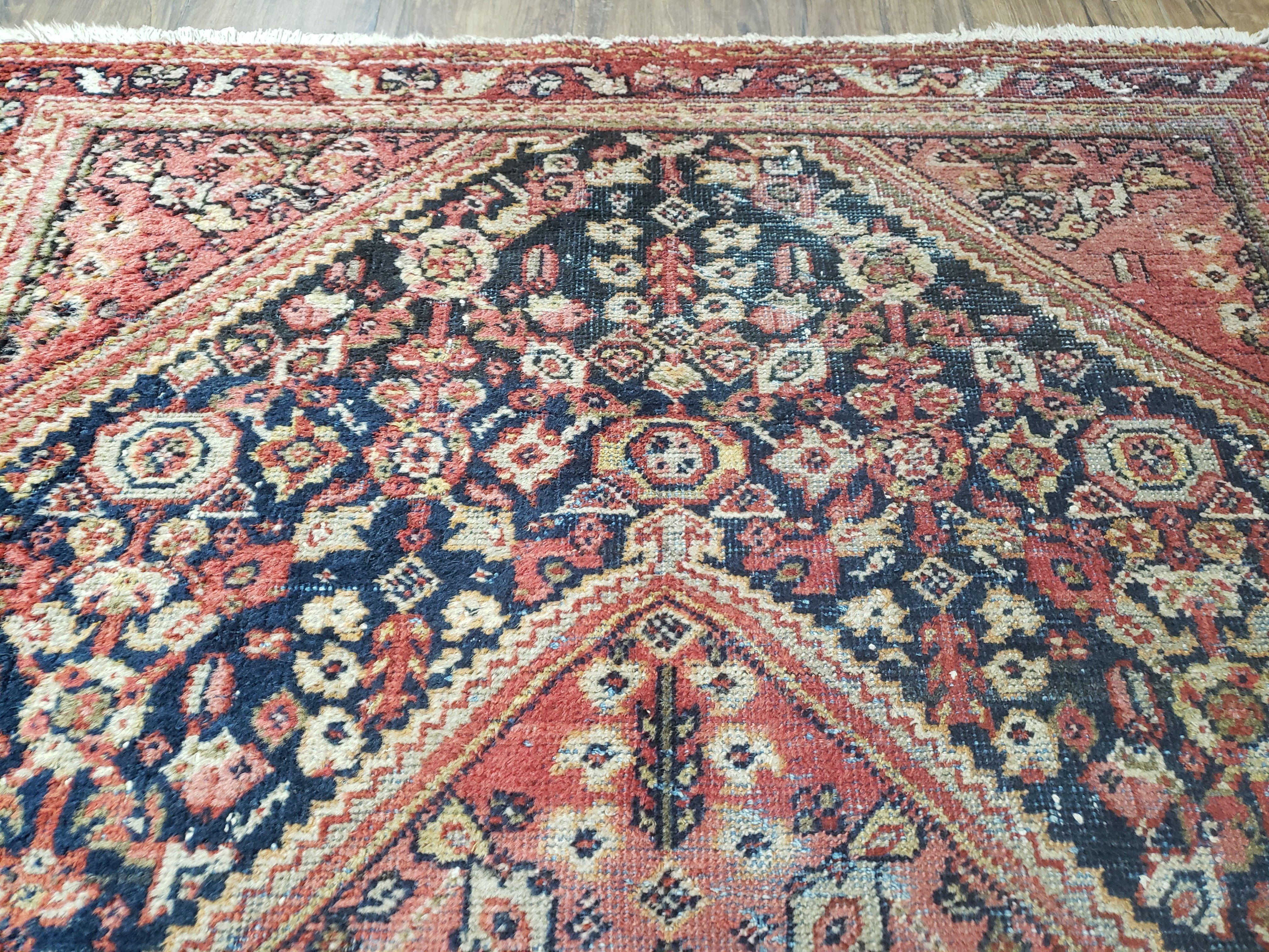 Antique Persian Mahal Area Rug 4.4 x 6.6, Wool Hand-Knotted Shabby Chic Oriental Rug, Red Black 1930s Foyer Room Carpet, Low Pile Boho Rug - Image 3