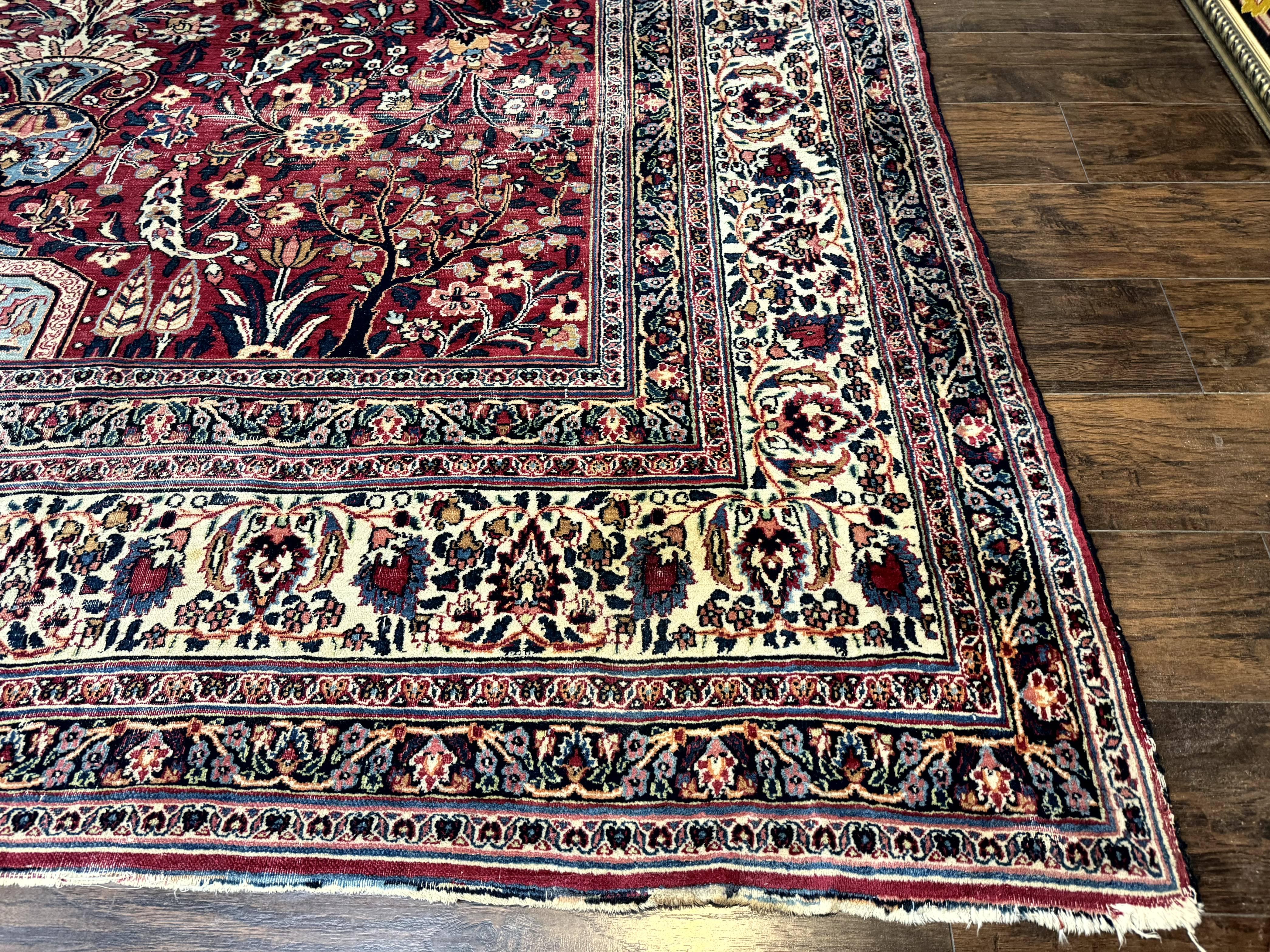 Antique Persian Mashad Rug 10x12, Red and Ivory, Signed by Master Weaver - Image 11