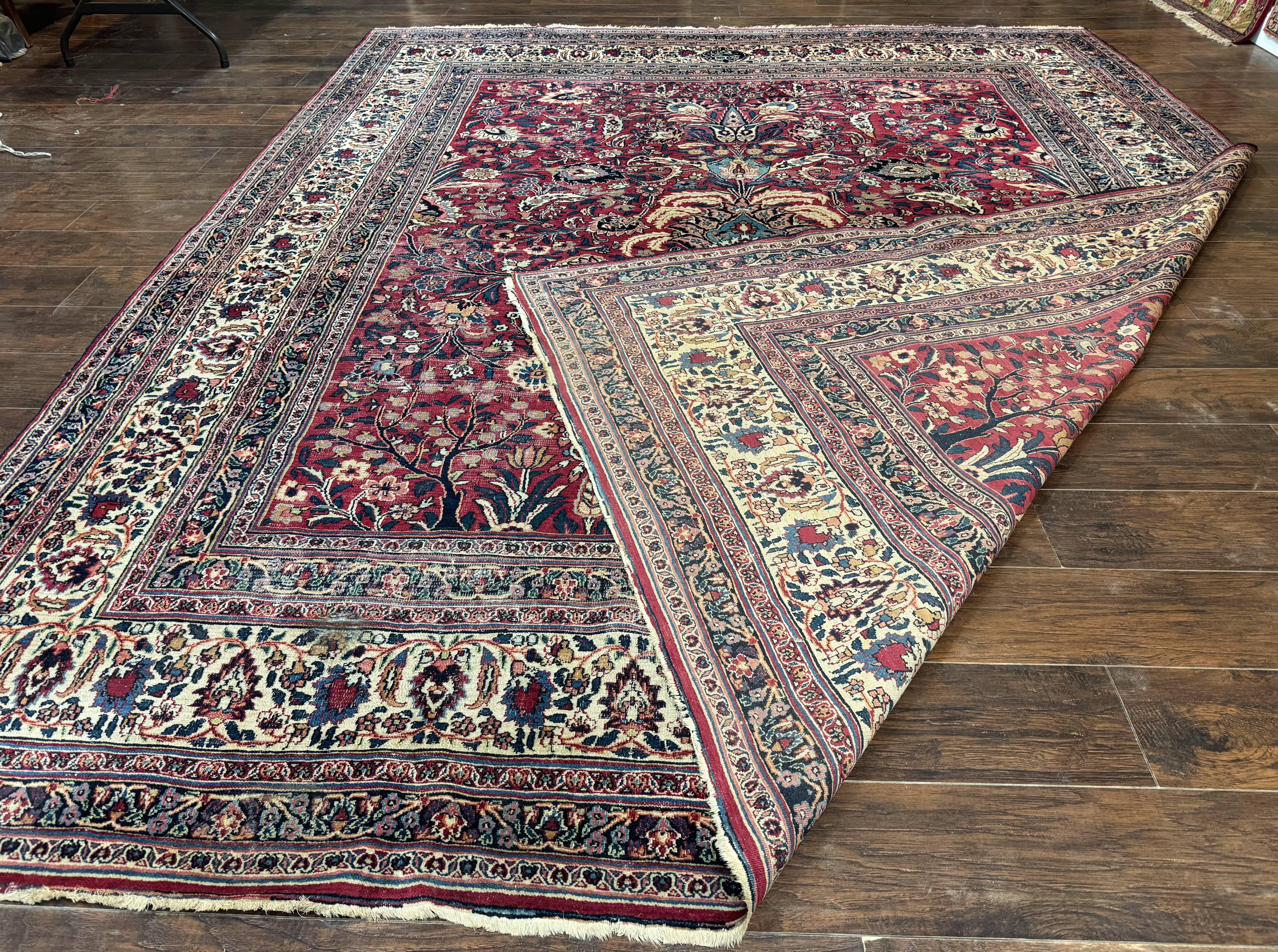 Antique Persian Mashad Rug 10x12, Red and Ivory, Signed by Master Weaver - Image 12