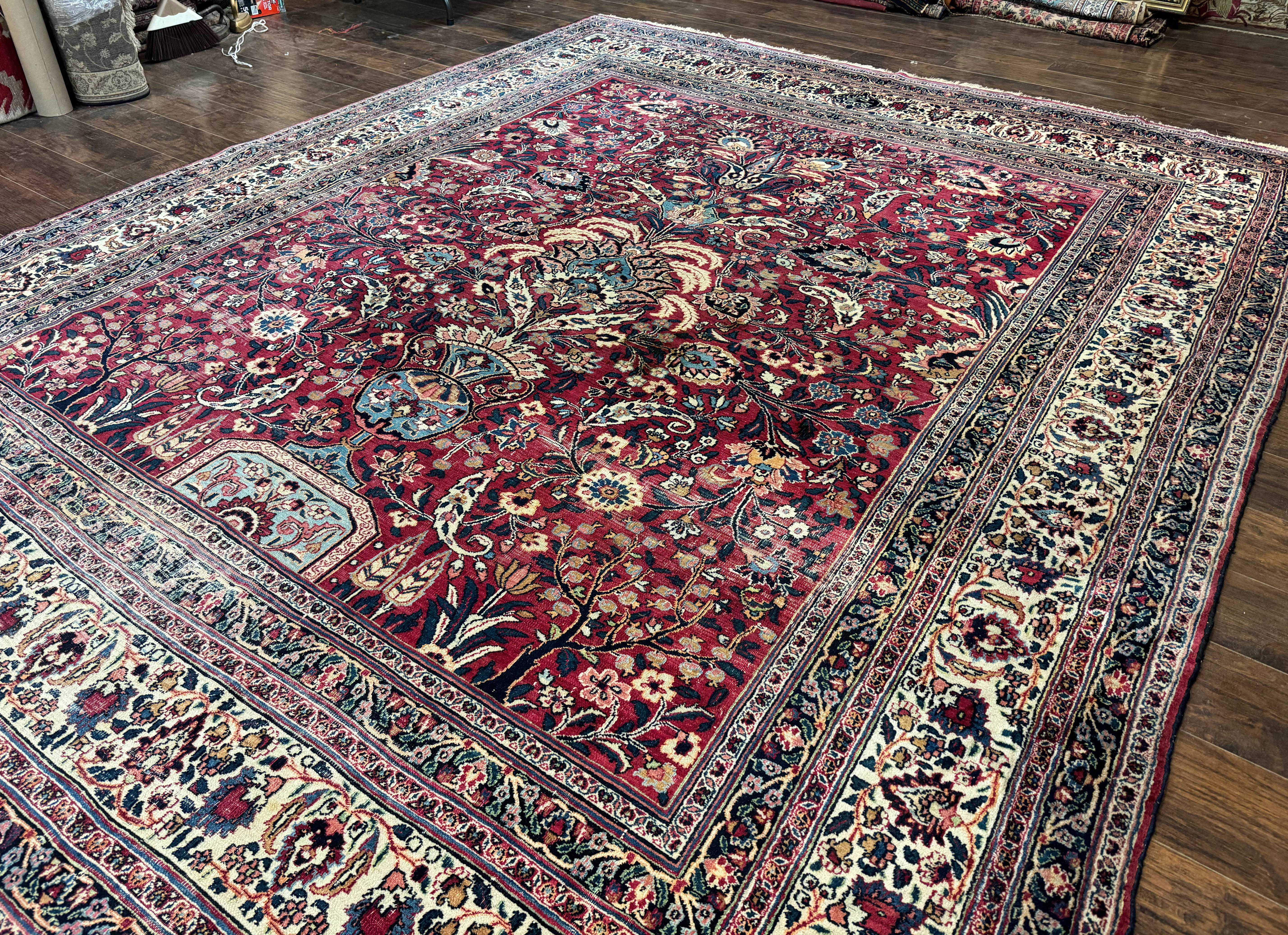 Antique Persian Mashad Rug 10x12, Red and Ivory, Signed by Master Weaver - Image 2