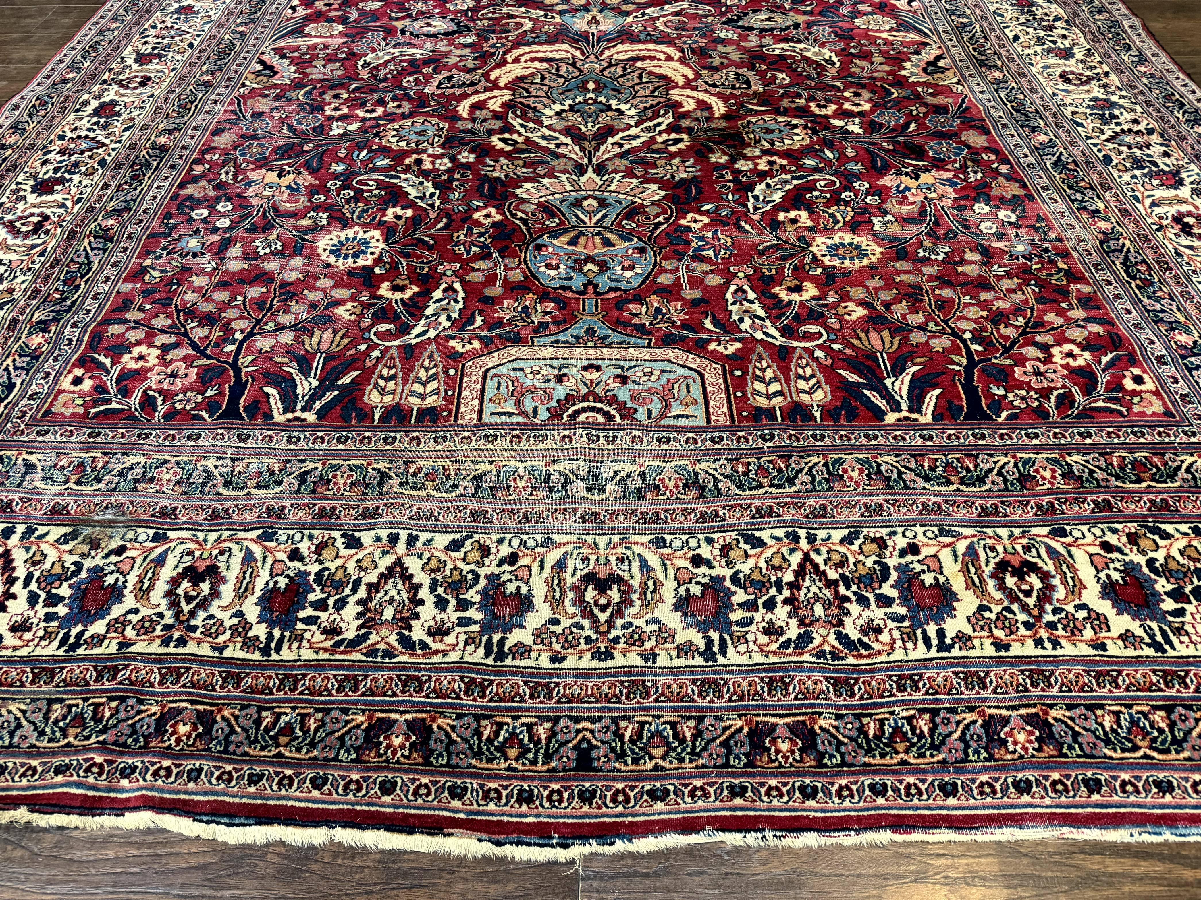 Antique Persian Mashad Rug 10x12, Red and Ivory, Signed by Master Weaver - Image 6