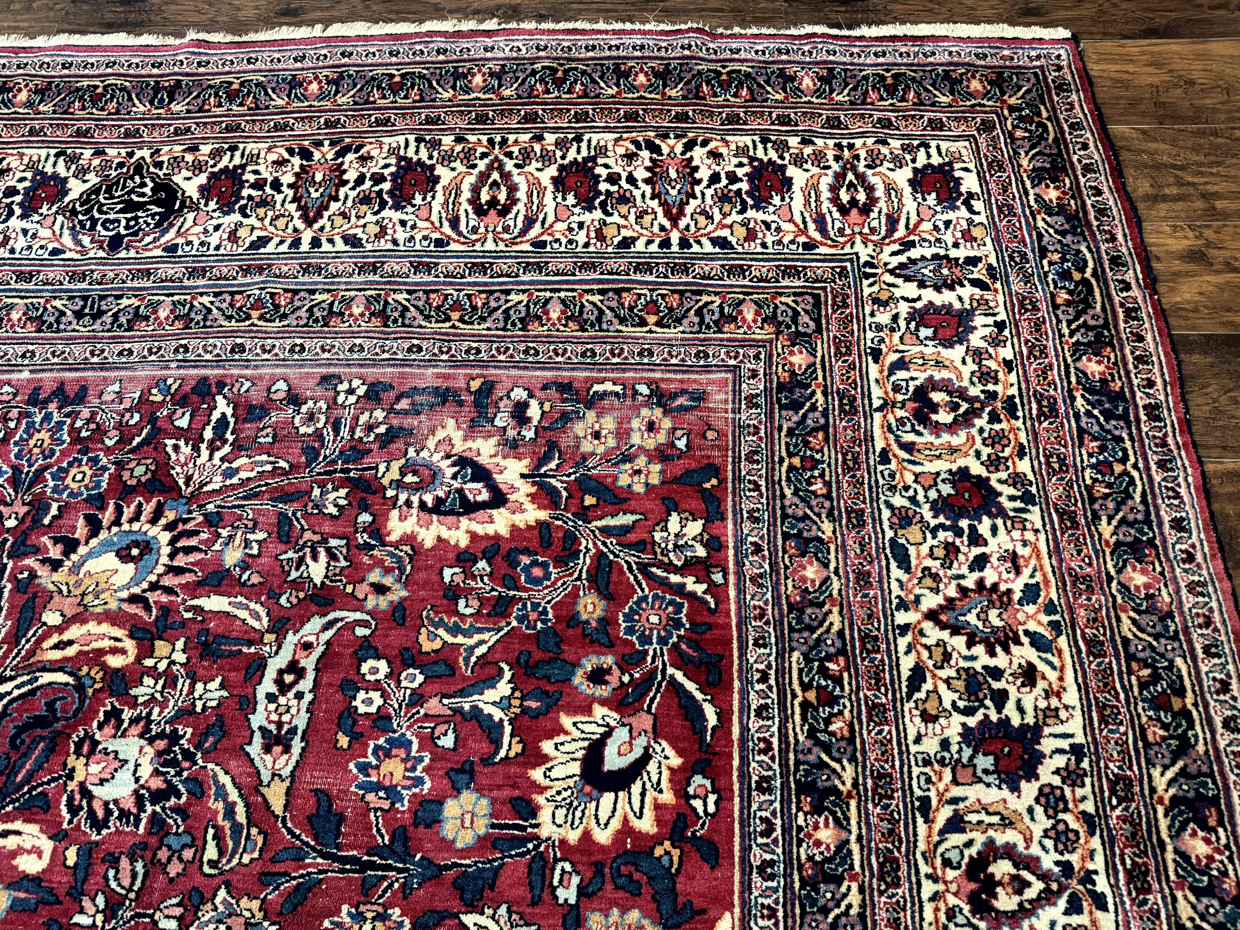 Antique Persian Mashad Rug 10x12, Red and Ivory, Signed by Master Weaver - Image 8