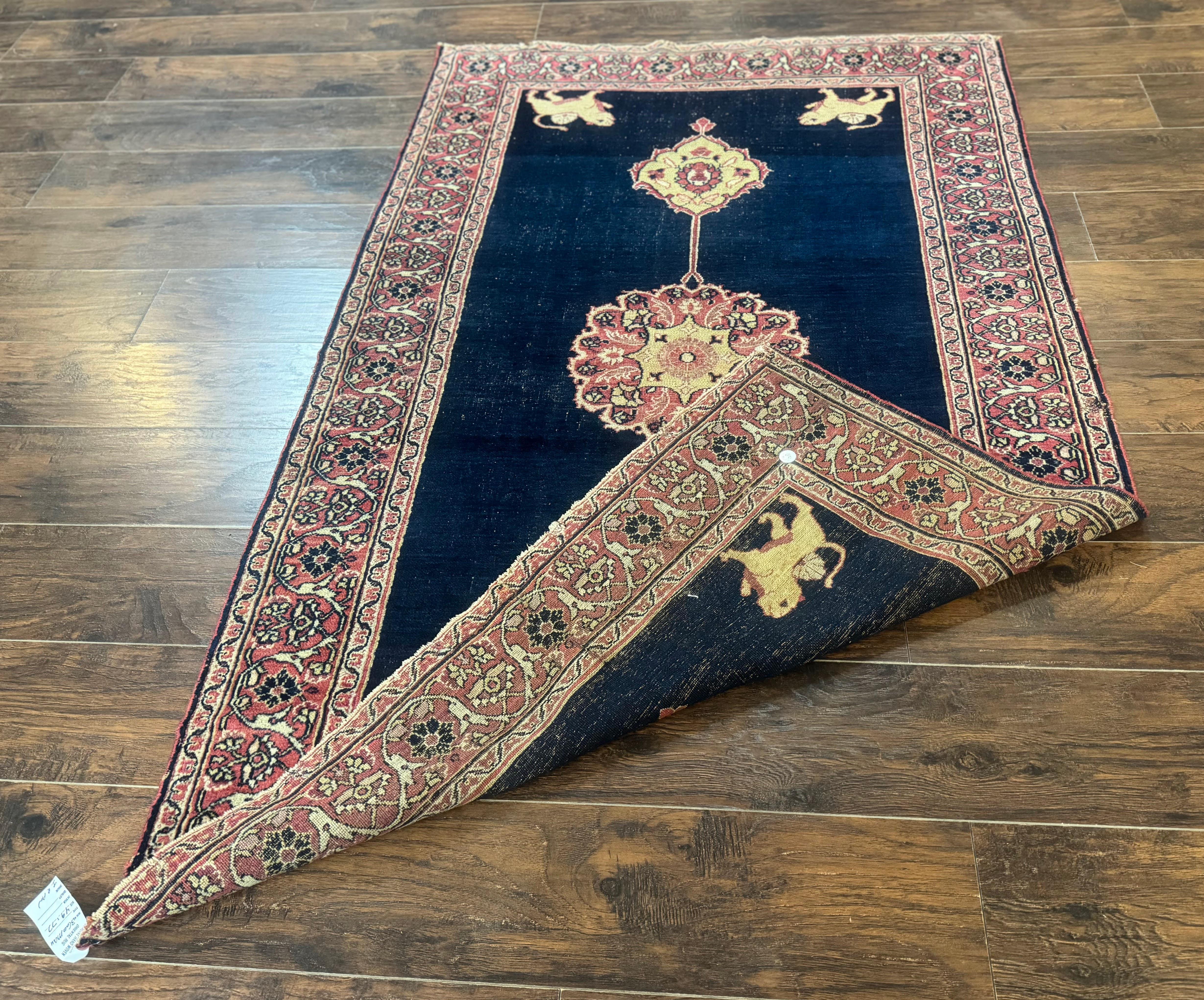 Antique Persian Mashad Rug 4x6, Semi Open Field, Navy Blue, Lion Pictorials, Triple Medallion, Dorokhsh Rug - Image 11