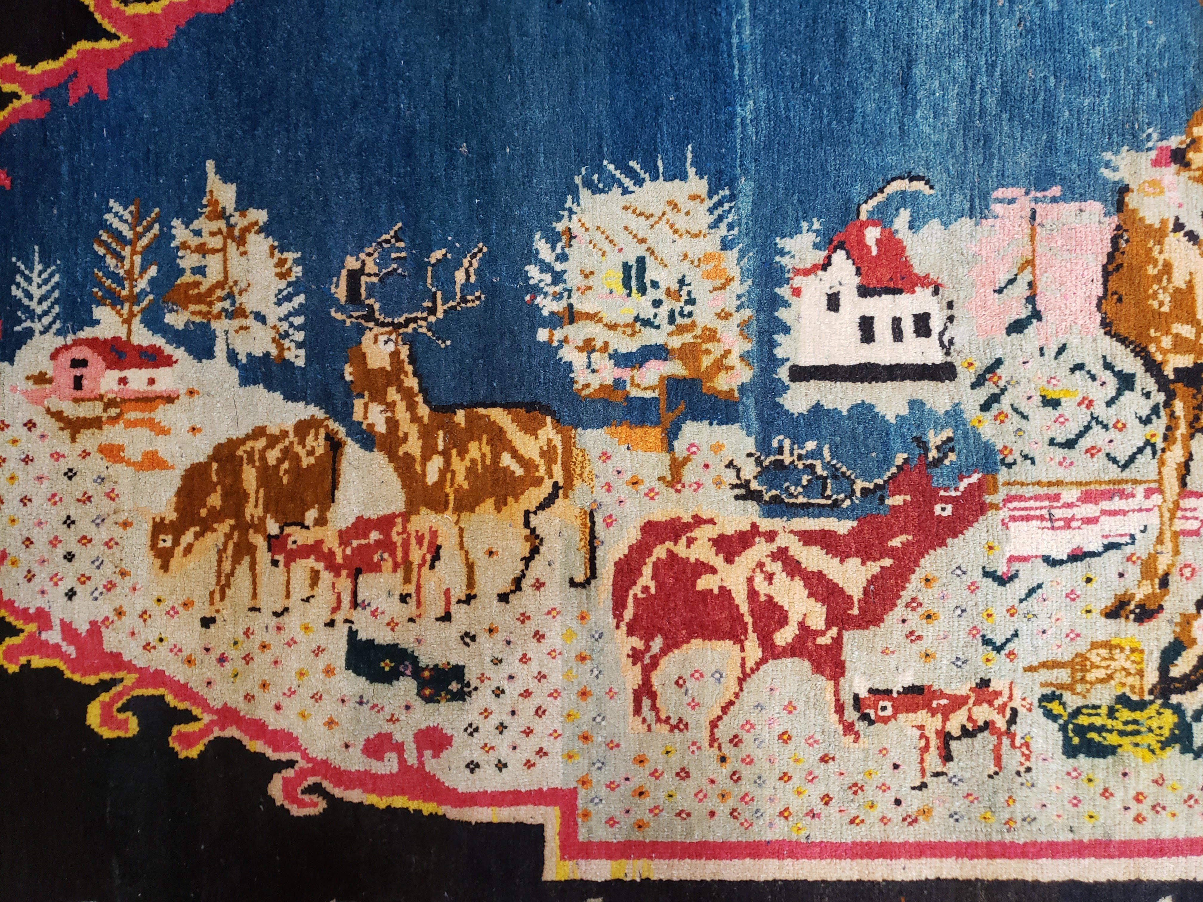 Antique Persian Pictorial Rug 4'6" x 9', Wool Hand-Knotted Blue Roses Karabagh Caucasian Carpet, 1920s Girl Deer Tapestry Wall Hanging Rug - Image 11
