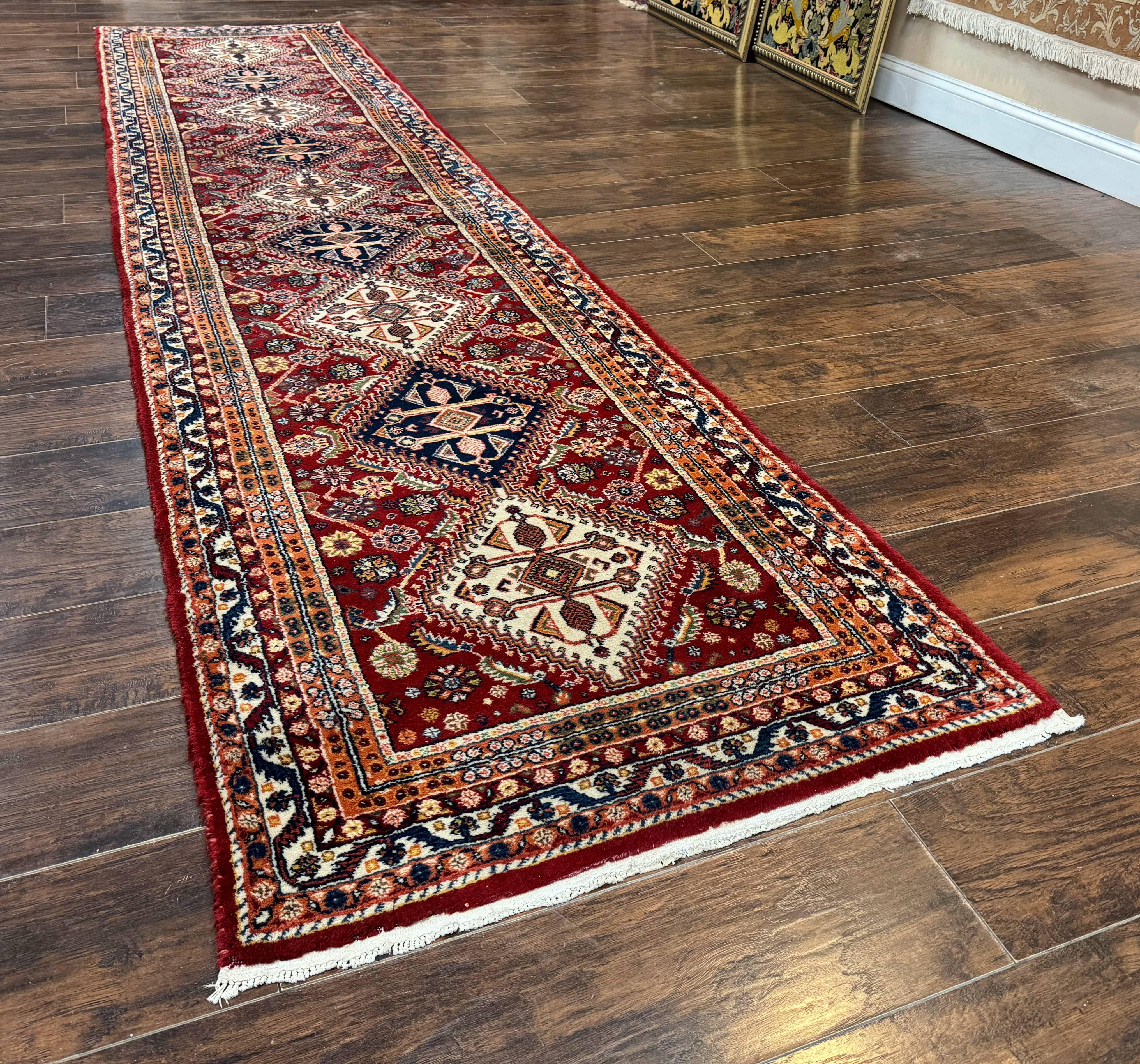 Antique Persian Qashqai Runner Rug 3 x 13 ft, Tribal Runner, Geometric Medallions, Red Ivory Blue, Wool - Image 2