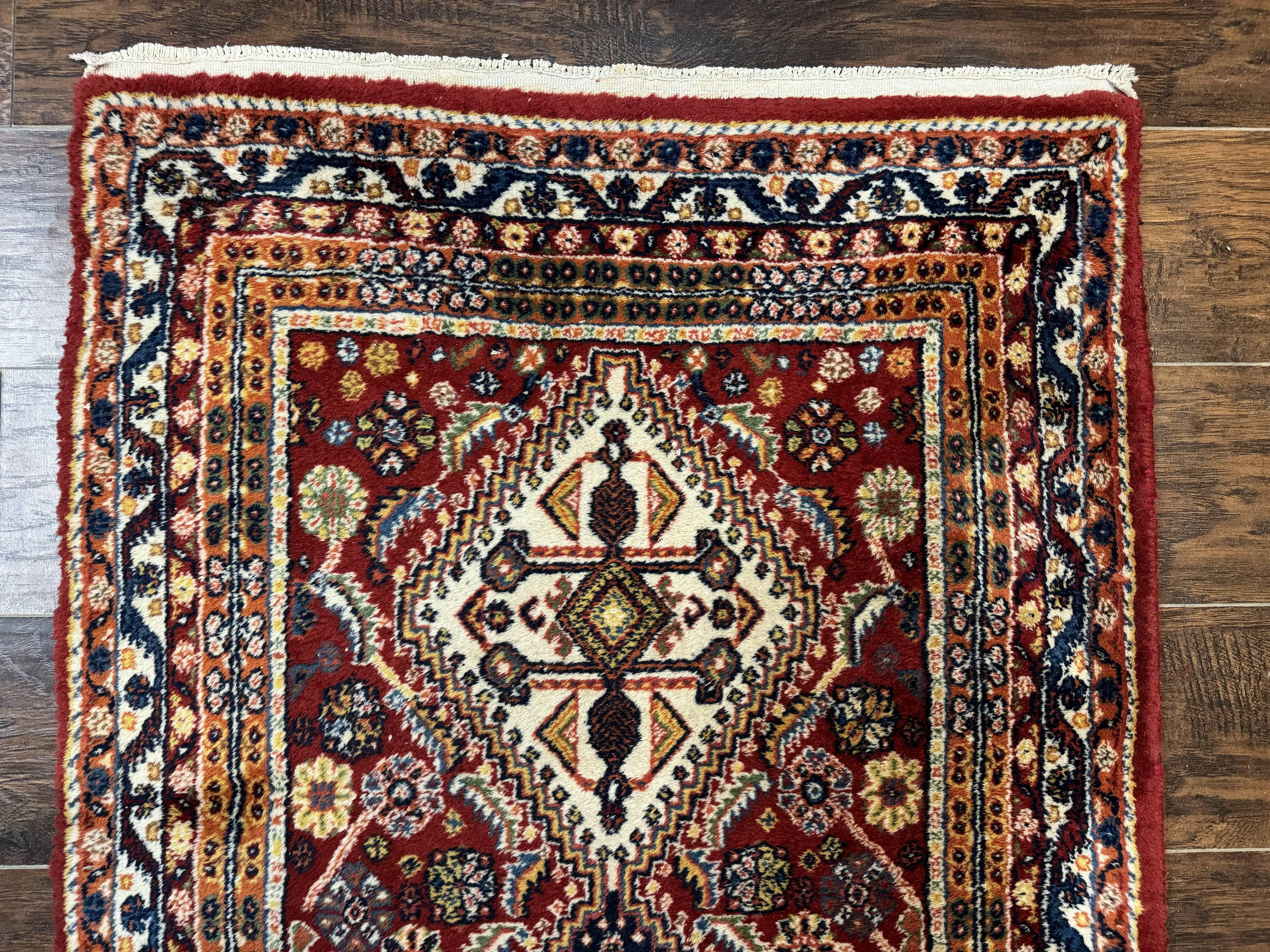 Antique Persian Qashqai Runner Rug 3 x 13 ft, Tribal Runner, Geometric Medallions, Red Ivory Blue, Wool - Image 3