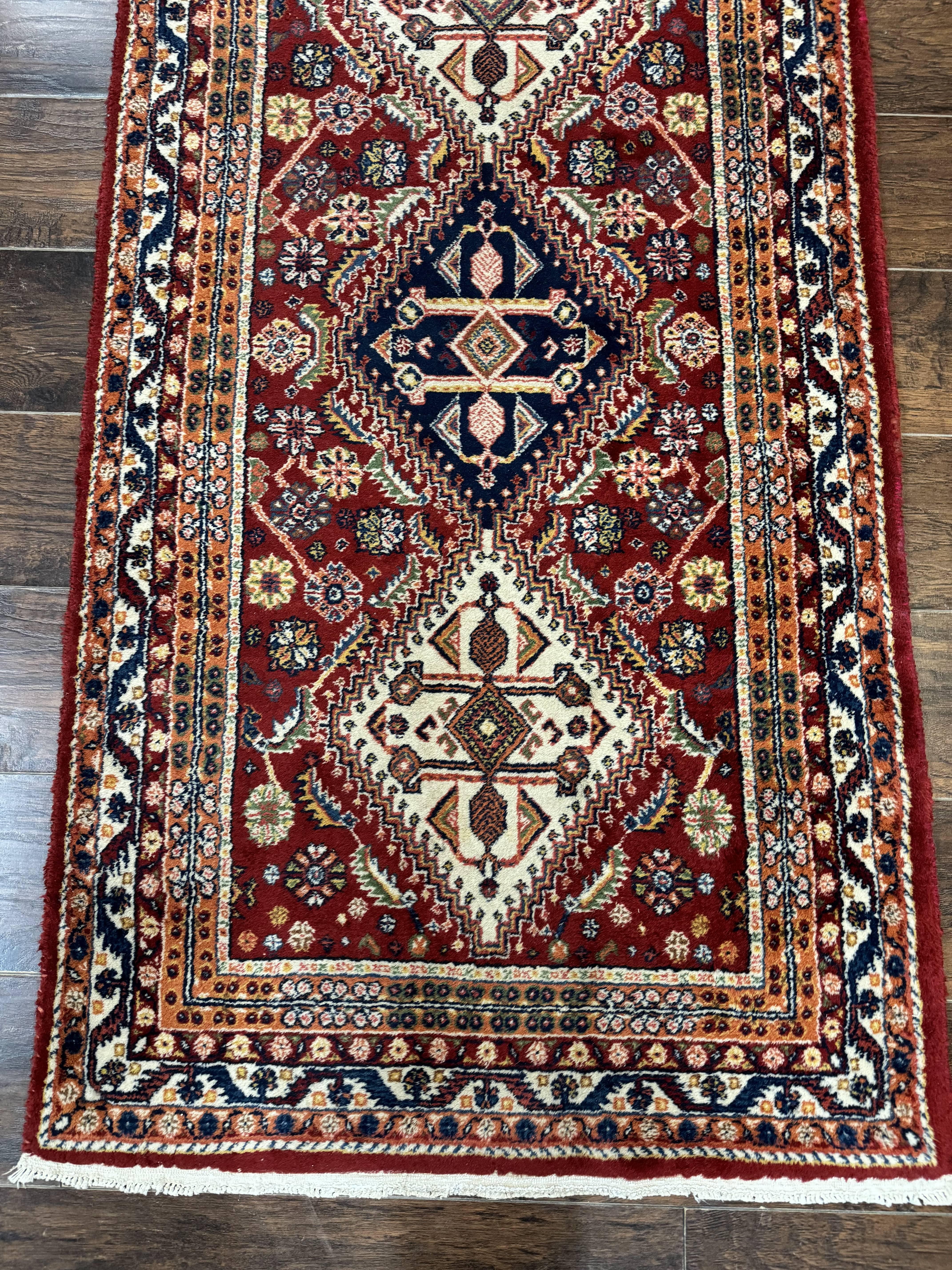 Antique Persian Qashqai Runner Rug 3 x 13 ft, Tribal Runner, Geometric Medallions, Red Ivory Blue, Wool - Image 9