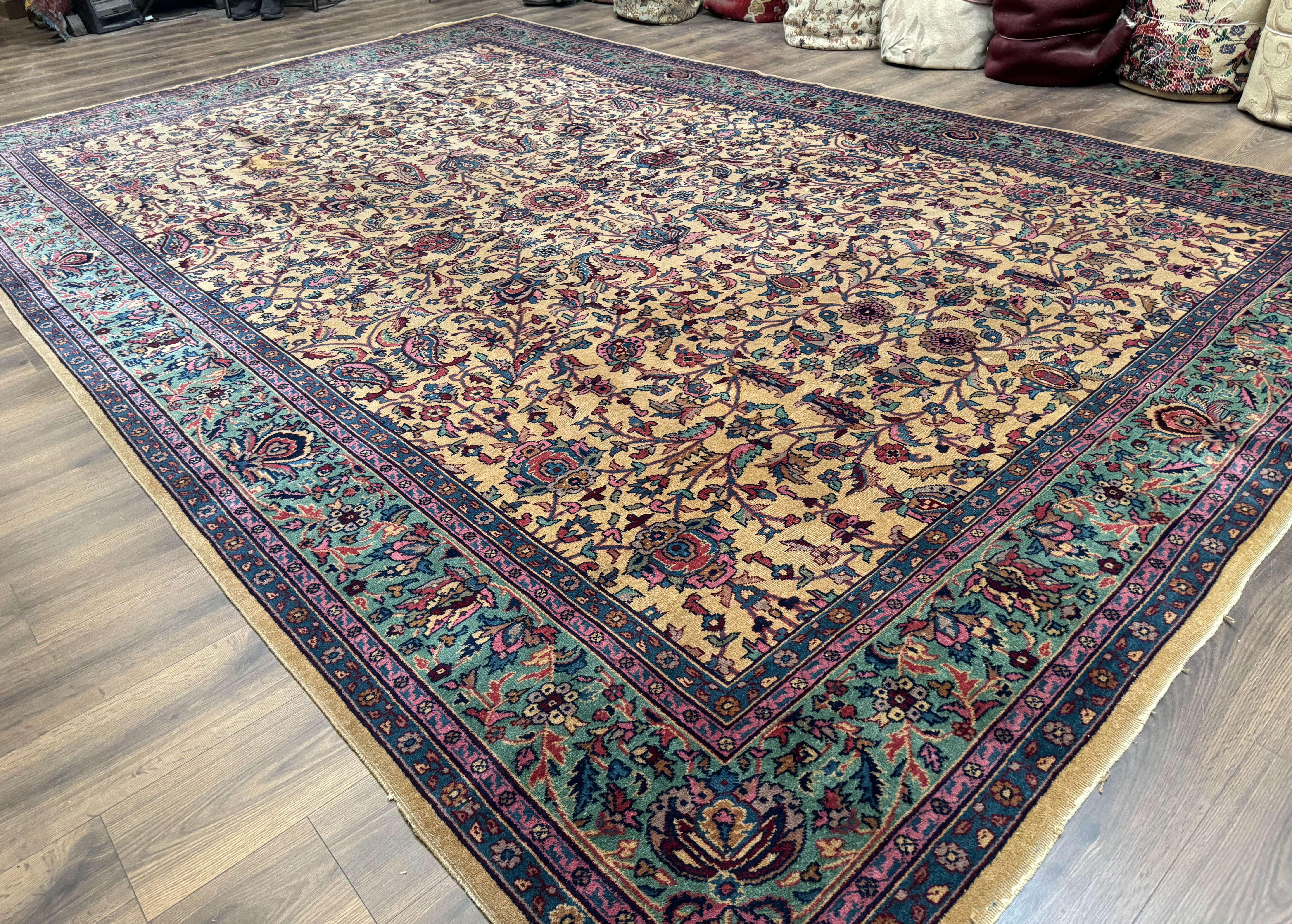Antique Persian Rug 10x15, Camel and Cyan, Allover Pattern, Rare, Samarkand Rug - Image 11