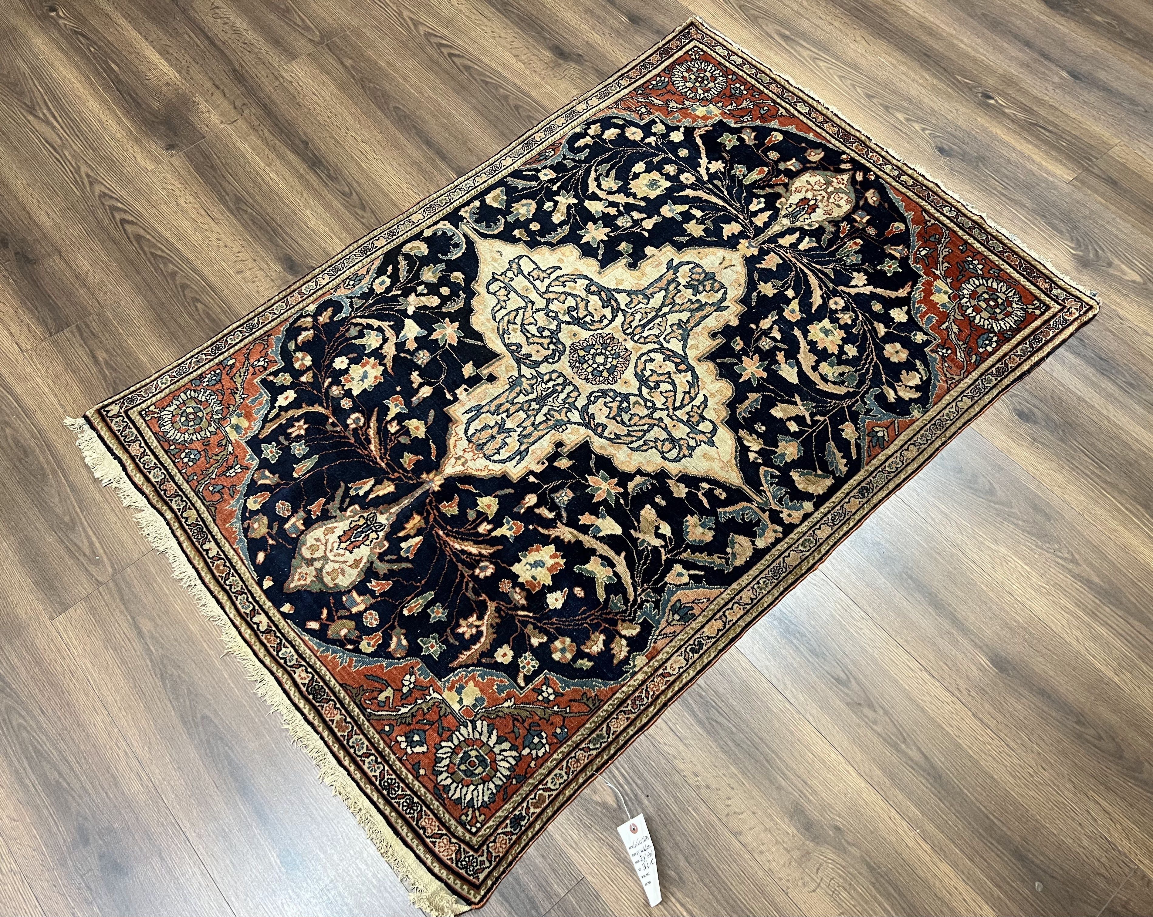 Antique Persian Rug 3.5 x 5, Sarouk Farahan Rug, High Quality 1920s Fine Oriental Carpet 3 x 5 ft, Large Medallion, Floral, Navy Blue Red, Hand Knotted Wool Rug - Image 12