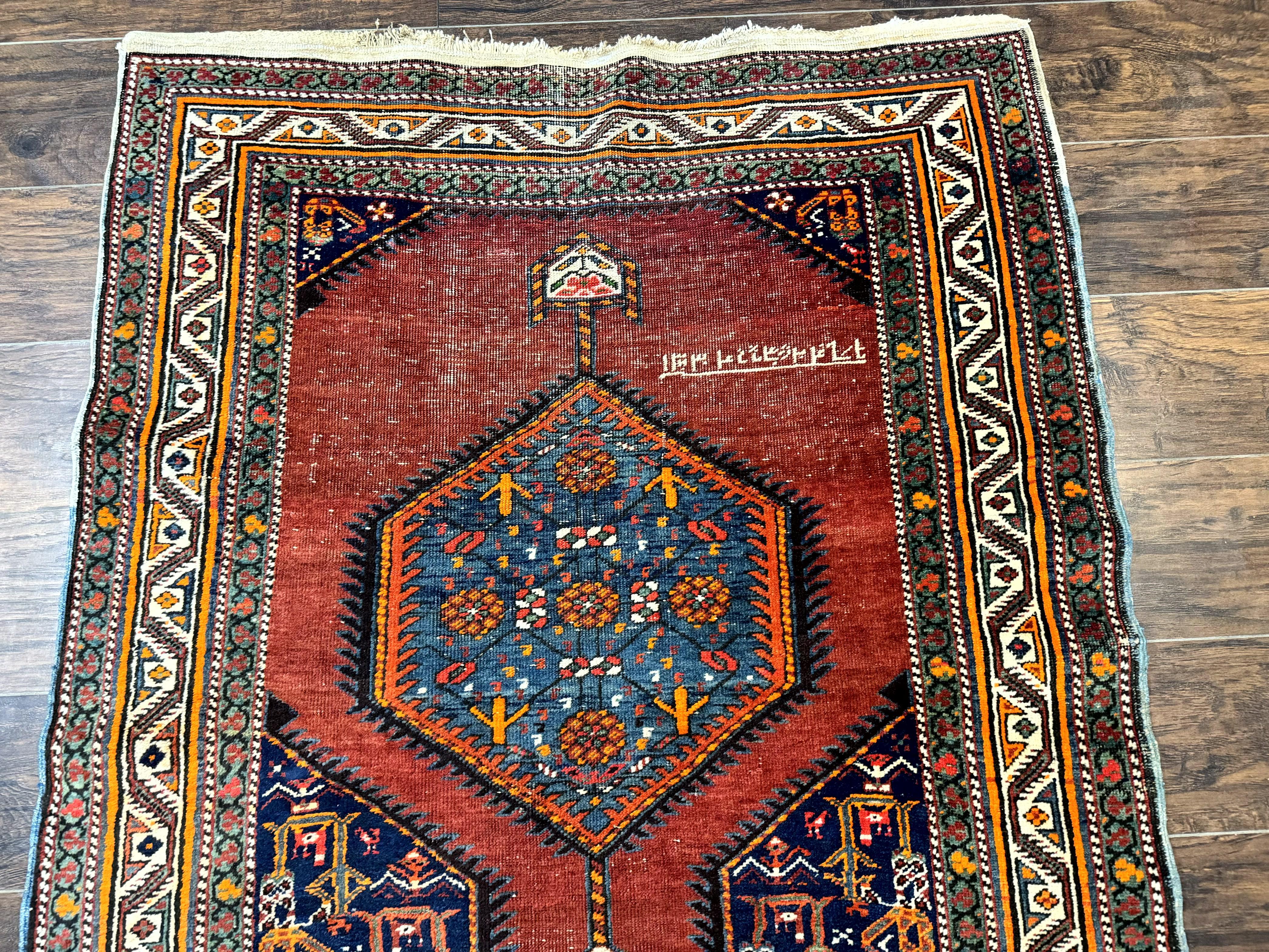 Antique Persian Sarab Runner Rug 3.9 x 12, Red, Handmade, Tribal Runner, Wool, Signed - Image 3