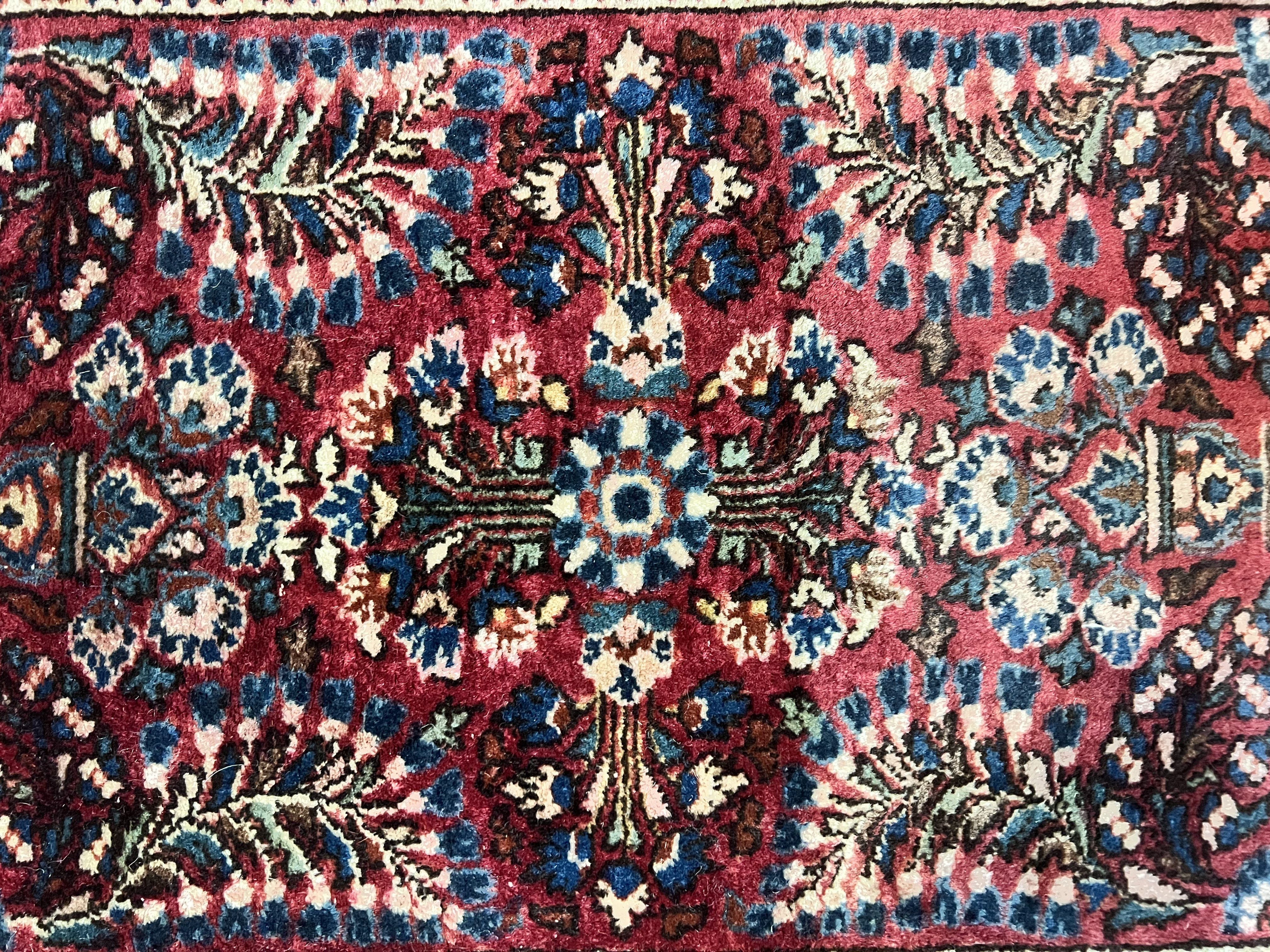 Antique Persian Sarouk Rug 2 x 2.5, Small Sarouk Carpet, Red Floral 1920s Red, Fine 170 KPSI, Wool Handmade Rug - Image 4