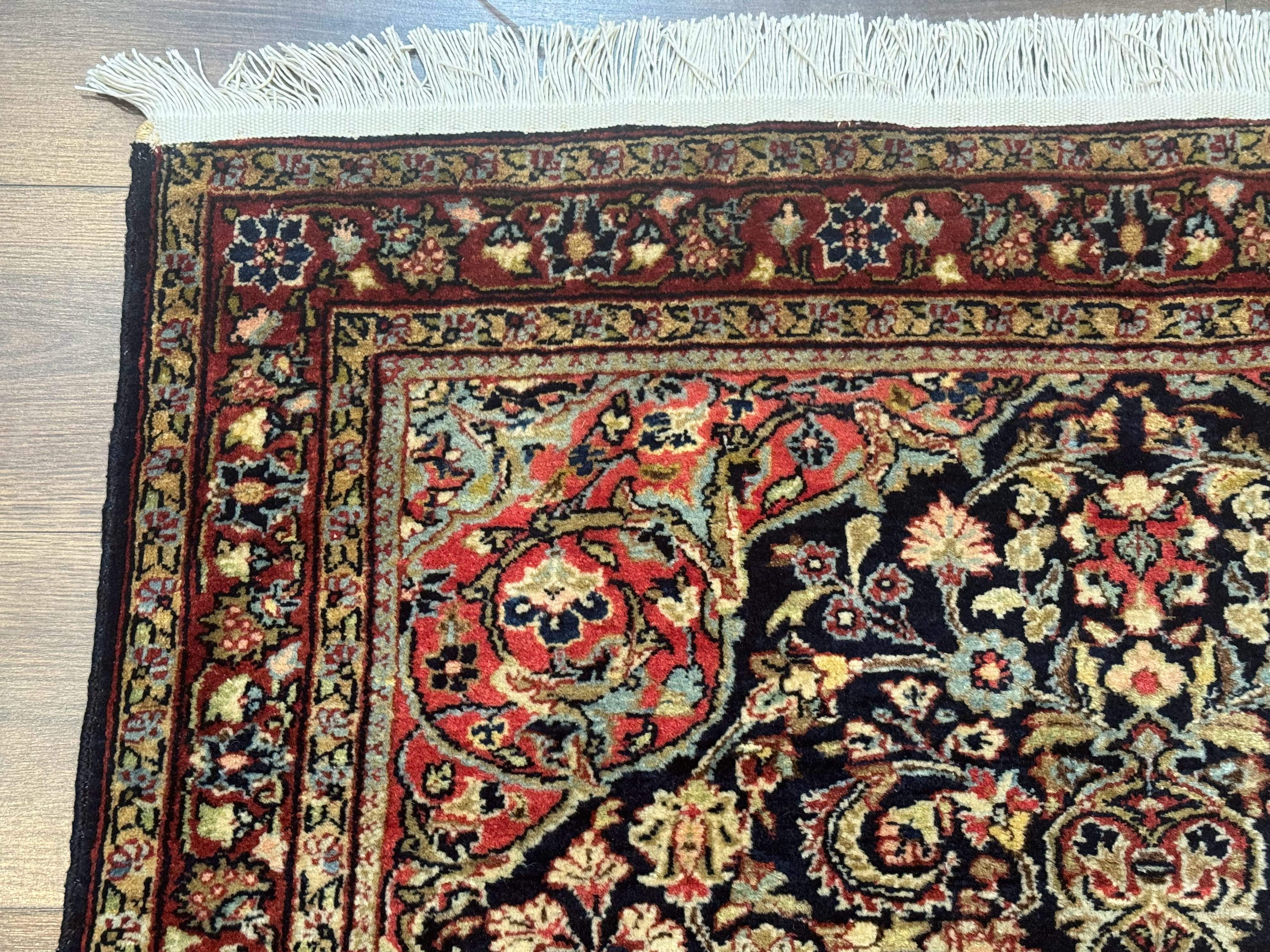 Antique Persian Sarouk Rug 4x5, Dark Blue and Red, Floral Medallion, Fine - Image 6