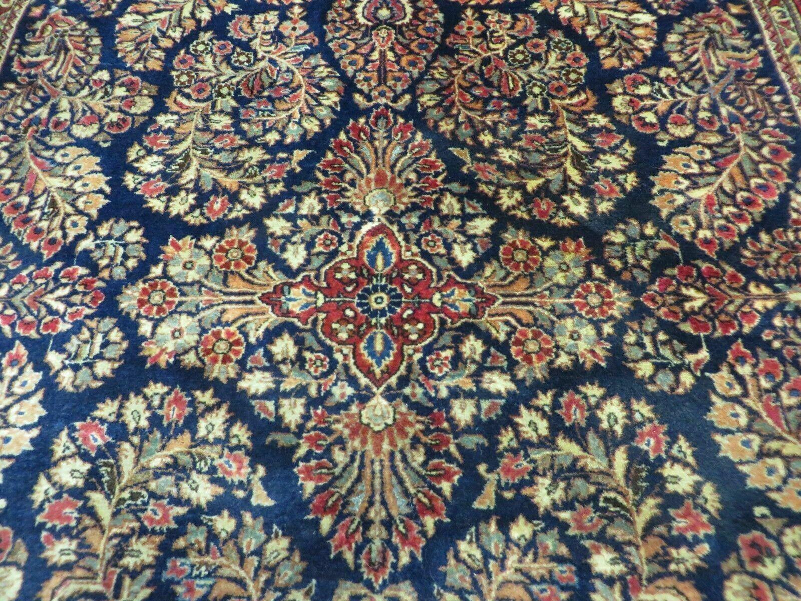 Antique Persian Sarouk Rug 4x6, Hand Knotted 1920s Oriental Carpet 4 x 6 ft, Navy Blue and Red Wool Rug, Handmade Floral Allover Persian Area Rug - Image 4
