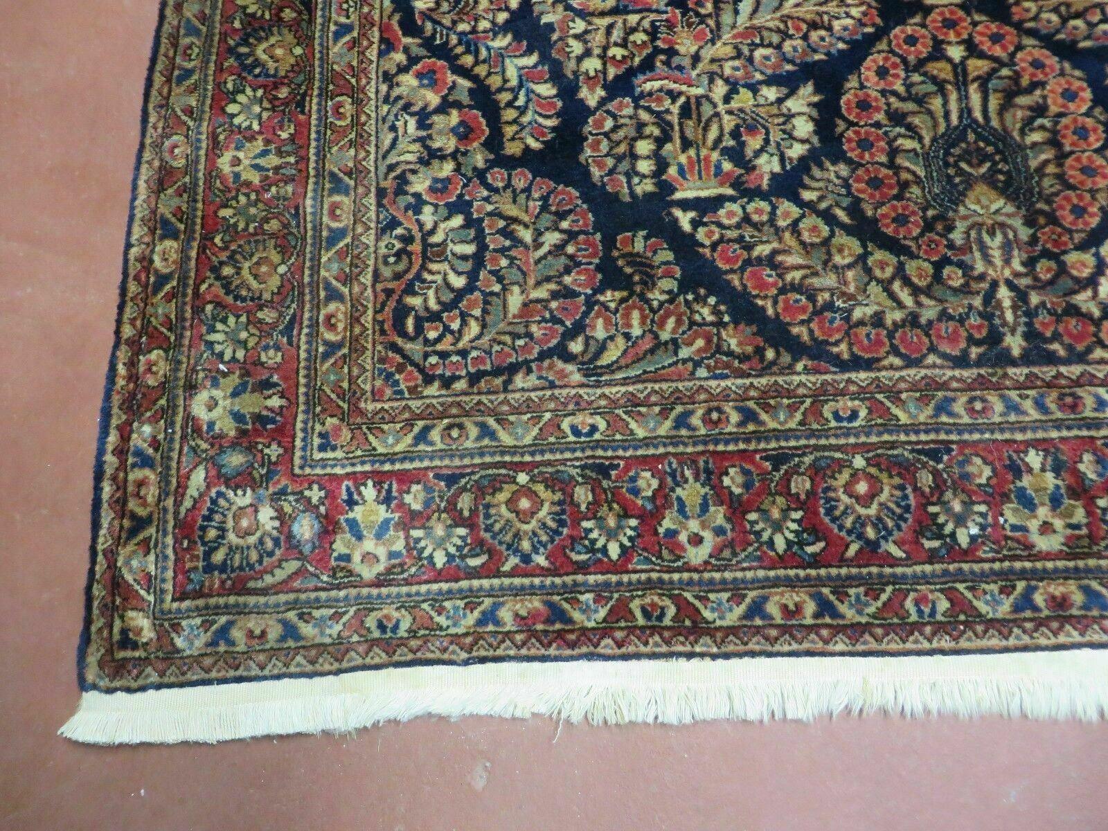 Antique Persian Sarouk Rug 4x6, Hand Knotted 1920s Oriental Carpet 4 x 6 ft, Navy Blue and Red Wool Rug, Handmade Floral Allover Persian Area Rug - Image 8