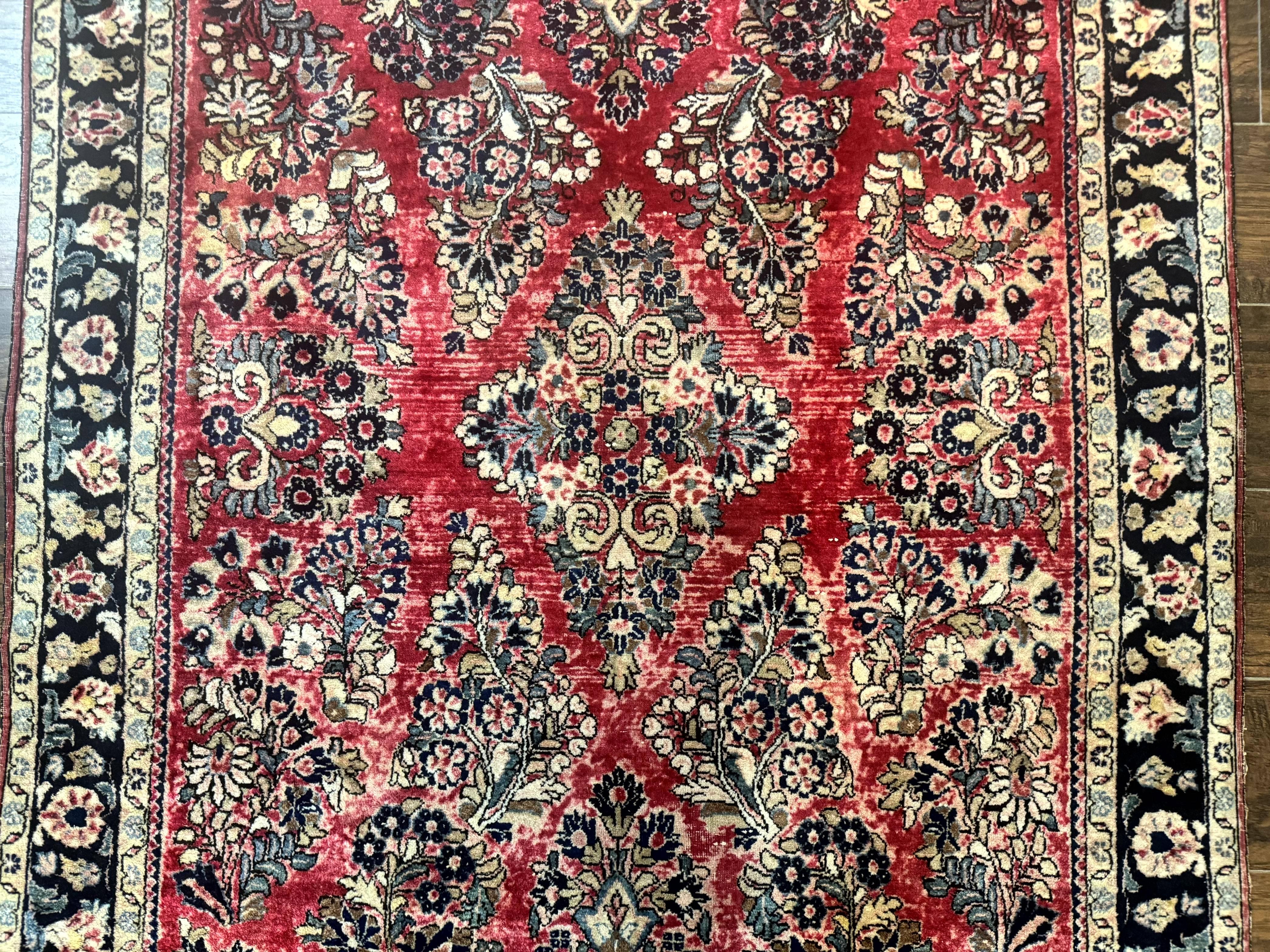 Antique Persian Sarouk Rug 4x7, Floral, Red 1920s Persian Wool Carpet - Image 4
