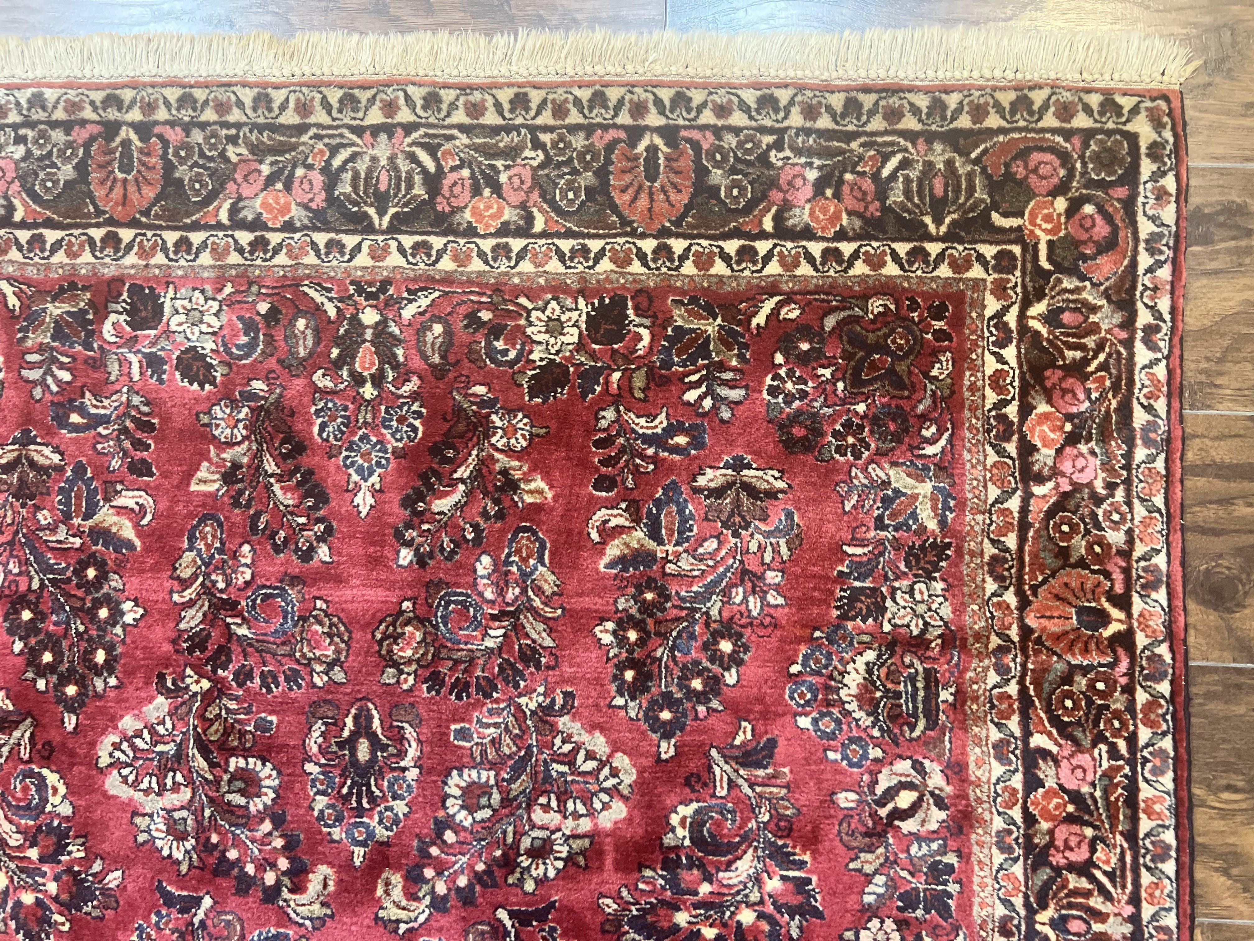 Antique Persian Sarouk Rug 4x7, Hand Knotted Wool Red Persian Carpet, Floral - Image 7