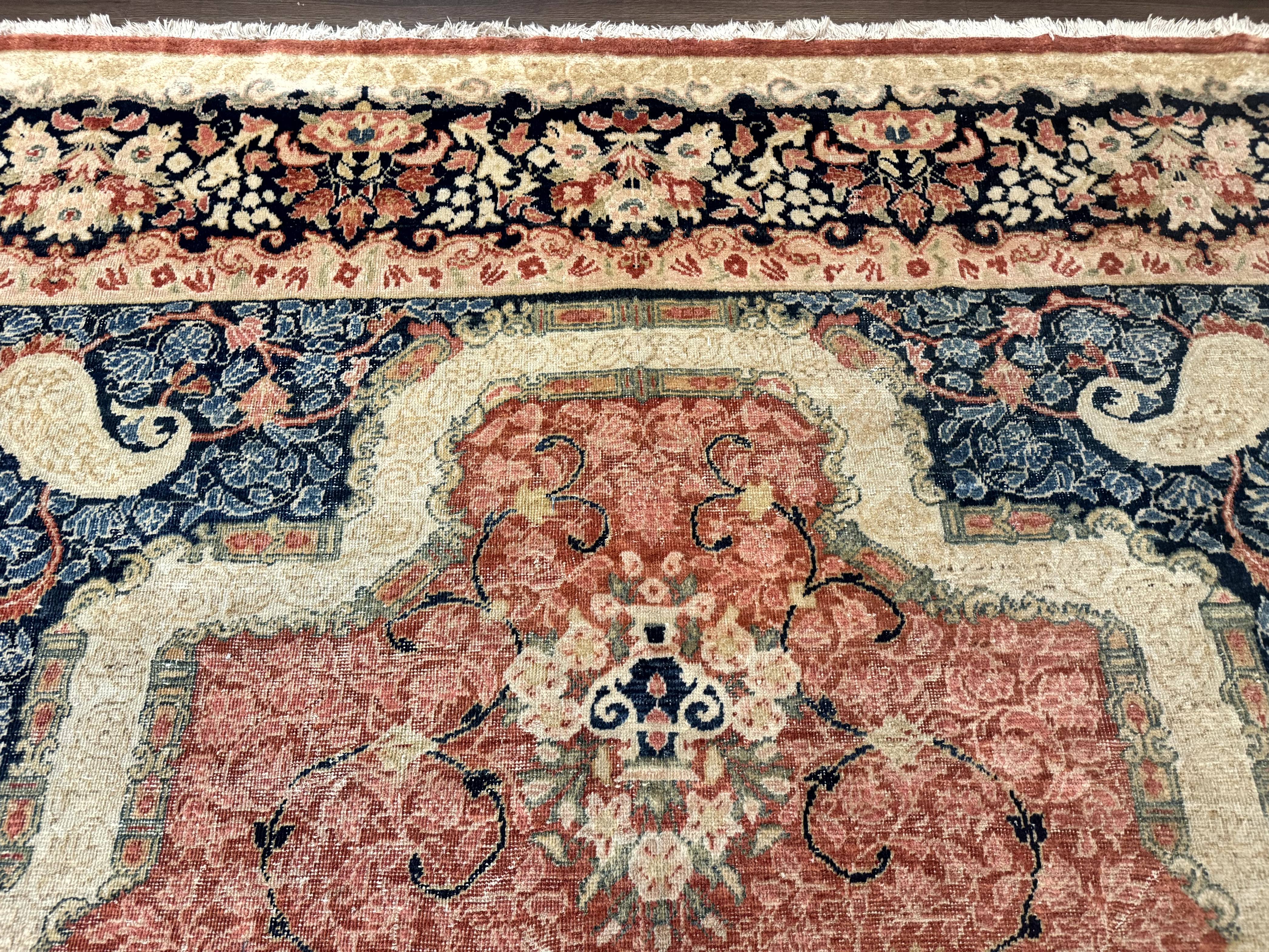 Antique Persian Sarouk Rug 9x12, Boteh Paisleys, Light Red Navy Blue - Image 3