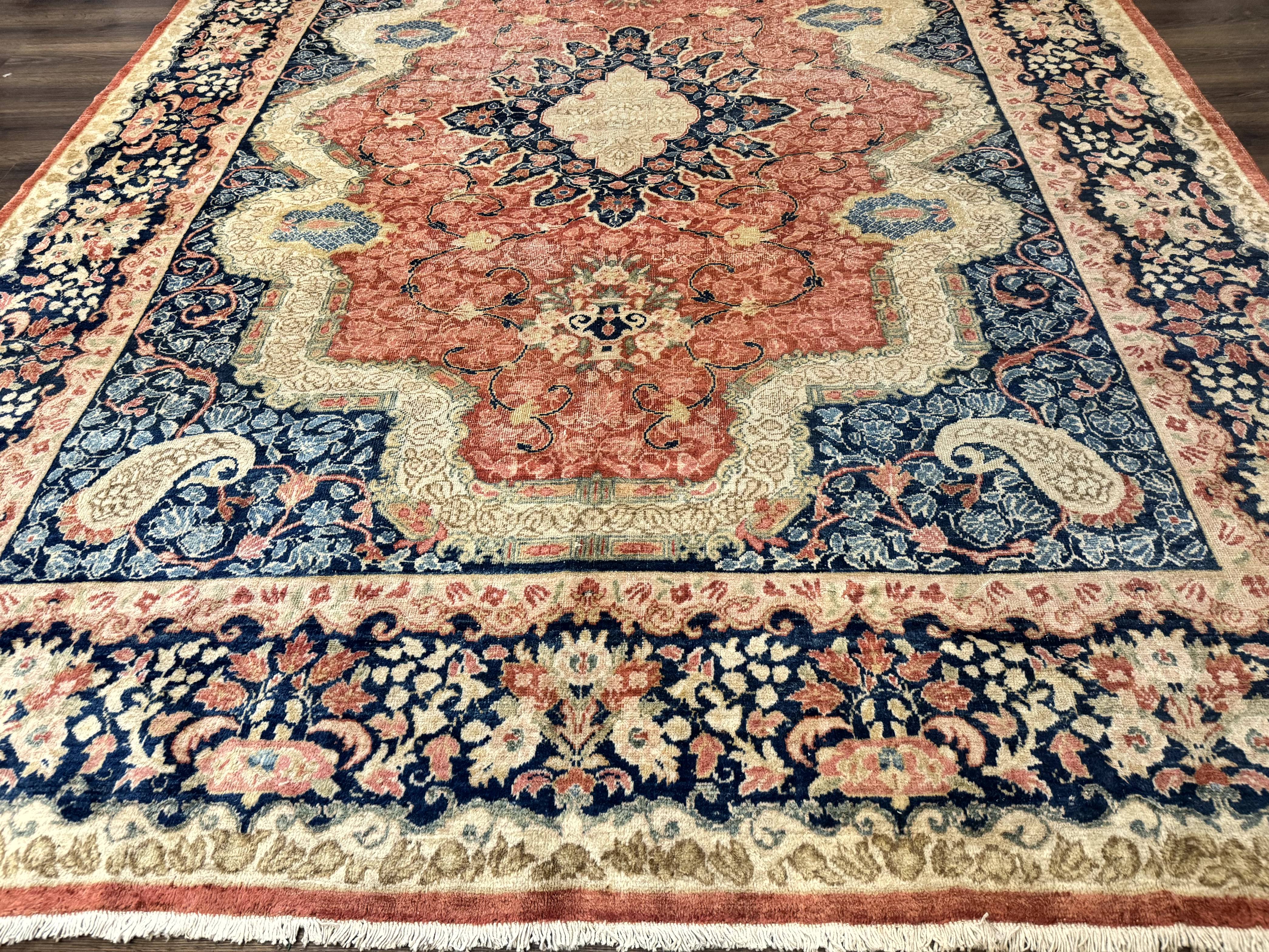 Antique Persian Sarouk Rug 9x12, Boteh Paisleys, Light Red Navy Blue - Image 5
