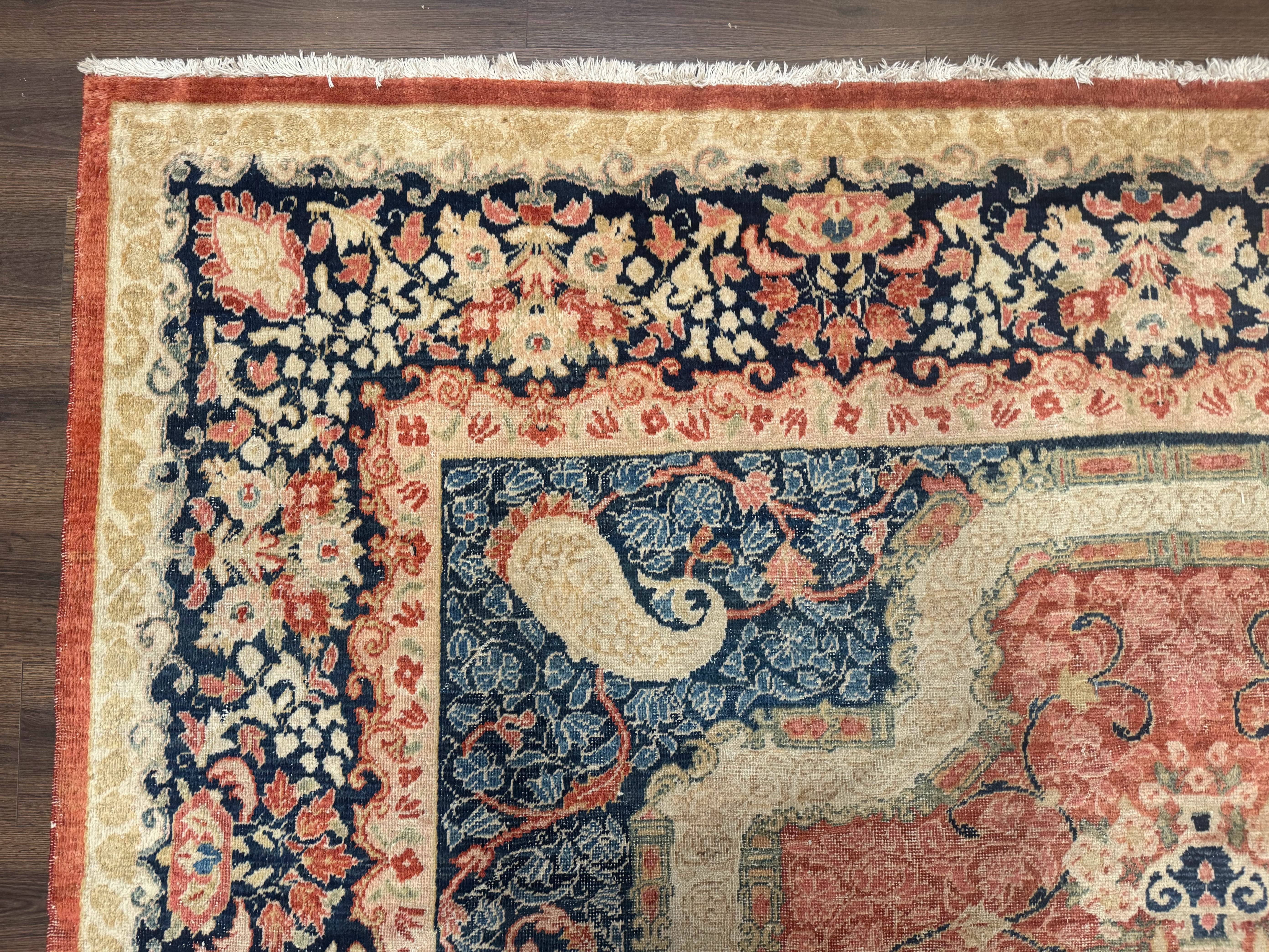 Antique Persian Sarouk Rug 9x12, Boteh Paisleys, Light Red Navy Blue - Image 6
