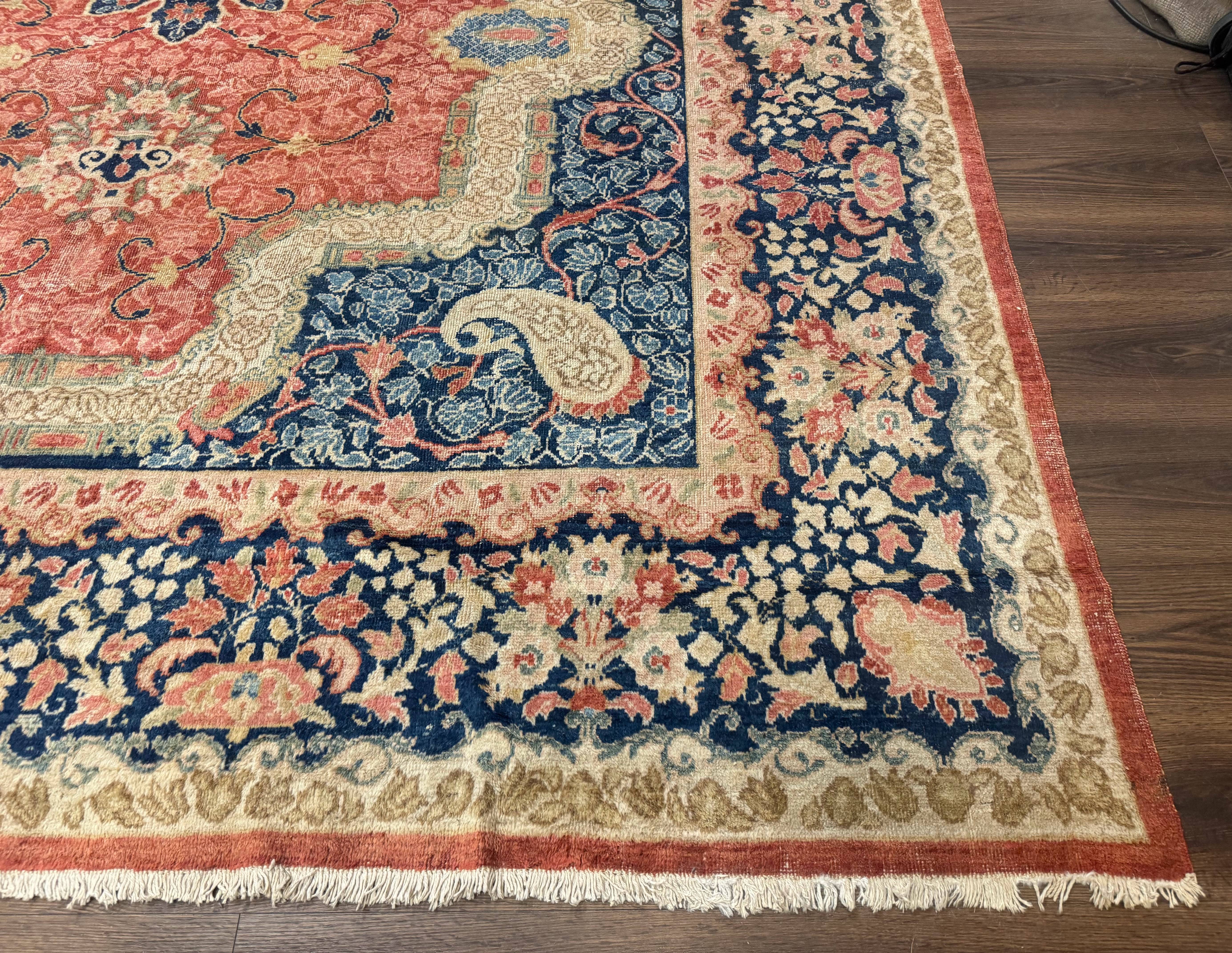 Antique Persian Sarouk Rug 9x12, Boteh Paisleys, Light Red Navy Blue - Image 9