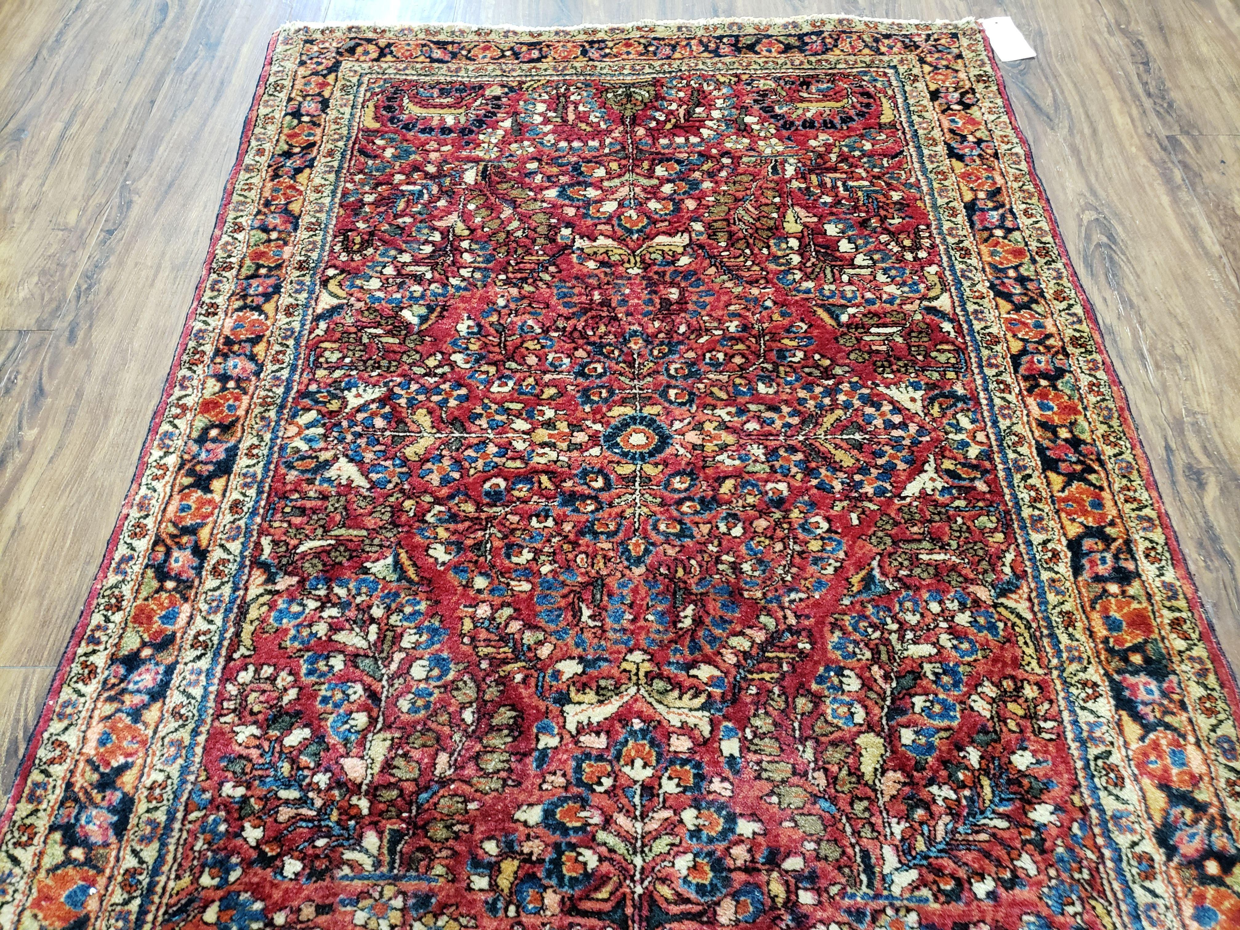 Antique Persian Sarouk Rug, Red, Allover Floral Pattern, Hand-Knotted, Wool, 3'4" x 4'10" - Image 6