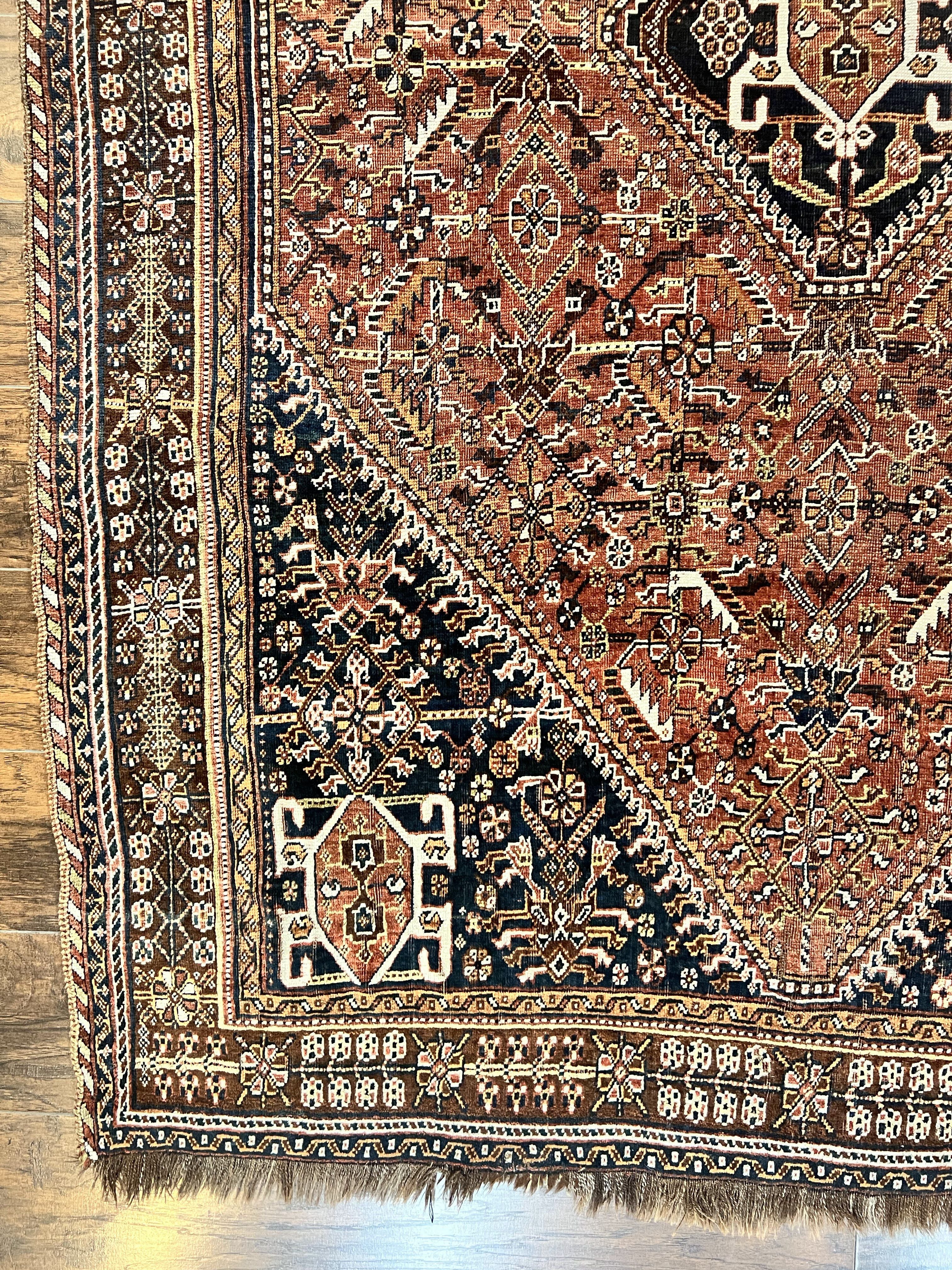 Antique Persian Shiraz Tribal Rug 6x8, Geometric Rug, Wool Handmade Hand Knotted Carpet, Red Blue - Image 8