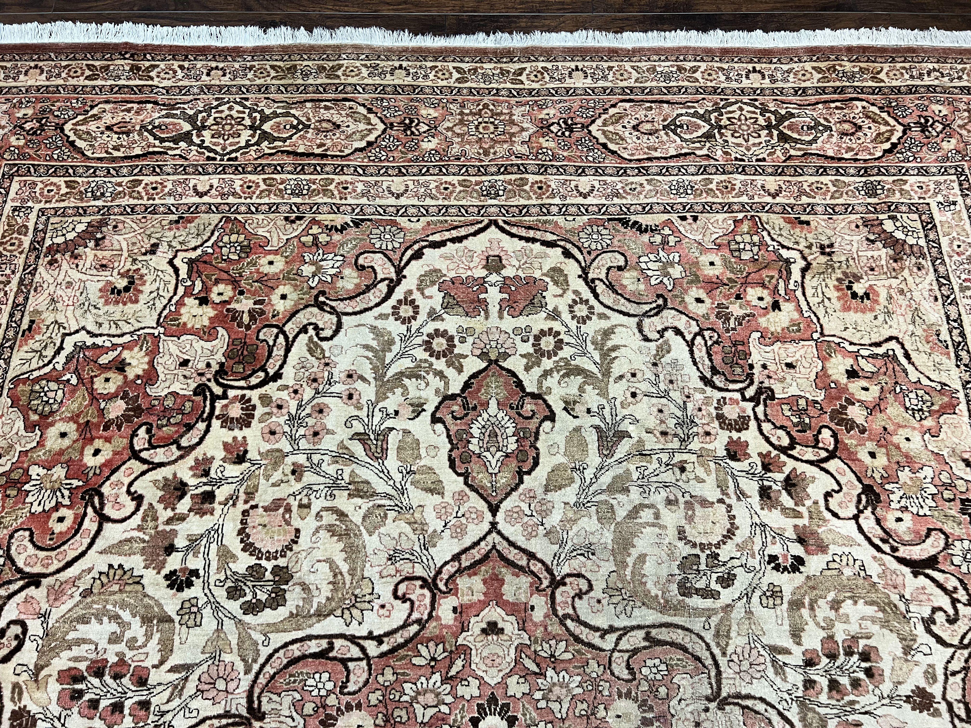 Antique Persian Tabriz Rug 10x12, Wool Hand Knotted Oriental Carpet, Beige Light Red, Floral Medallion - Image 3