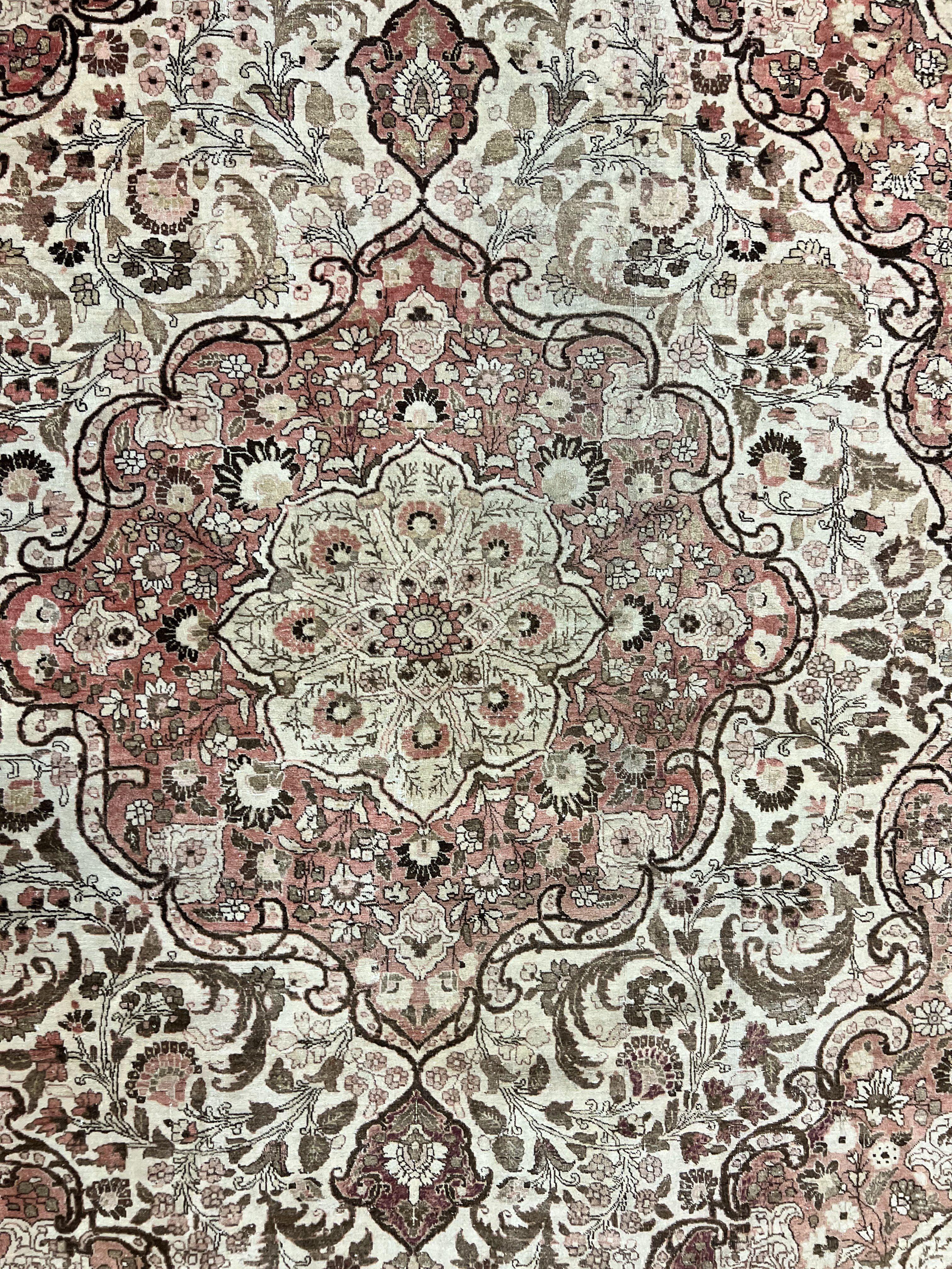 Antique Persian Tabriz Rug 10x12, Wool Hand Knotted Oriental Carpet, Beige Light Red, Floral Medallion - Image 4
