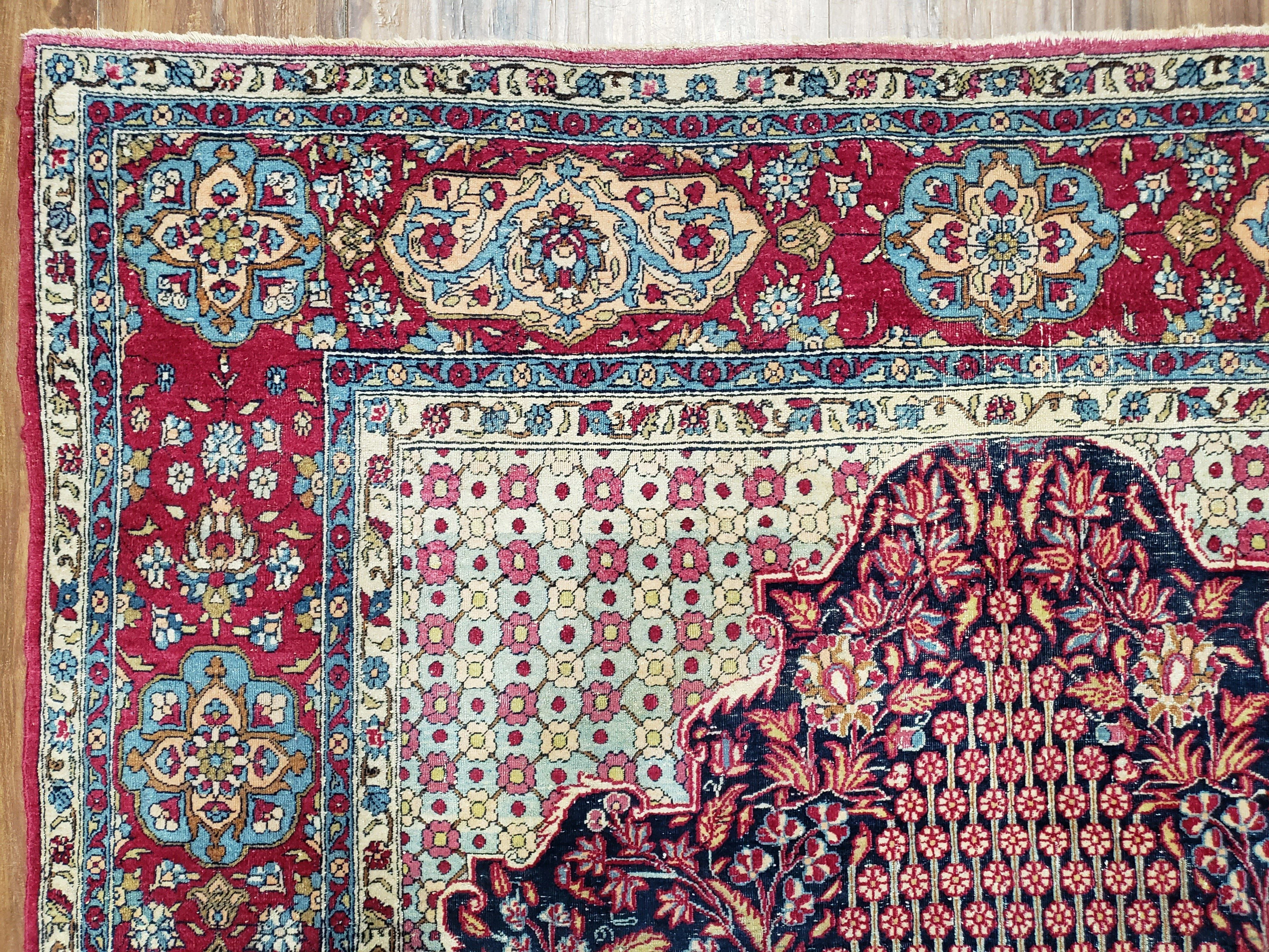 Antique Persian Tehran Rug 5x8, Midnight Blue and Red, Hand-Knotted, Wool - Image 7