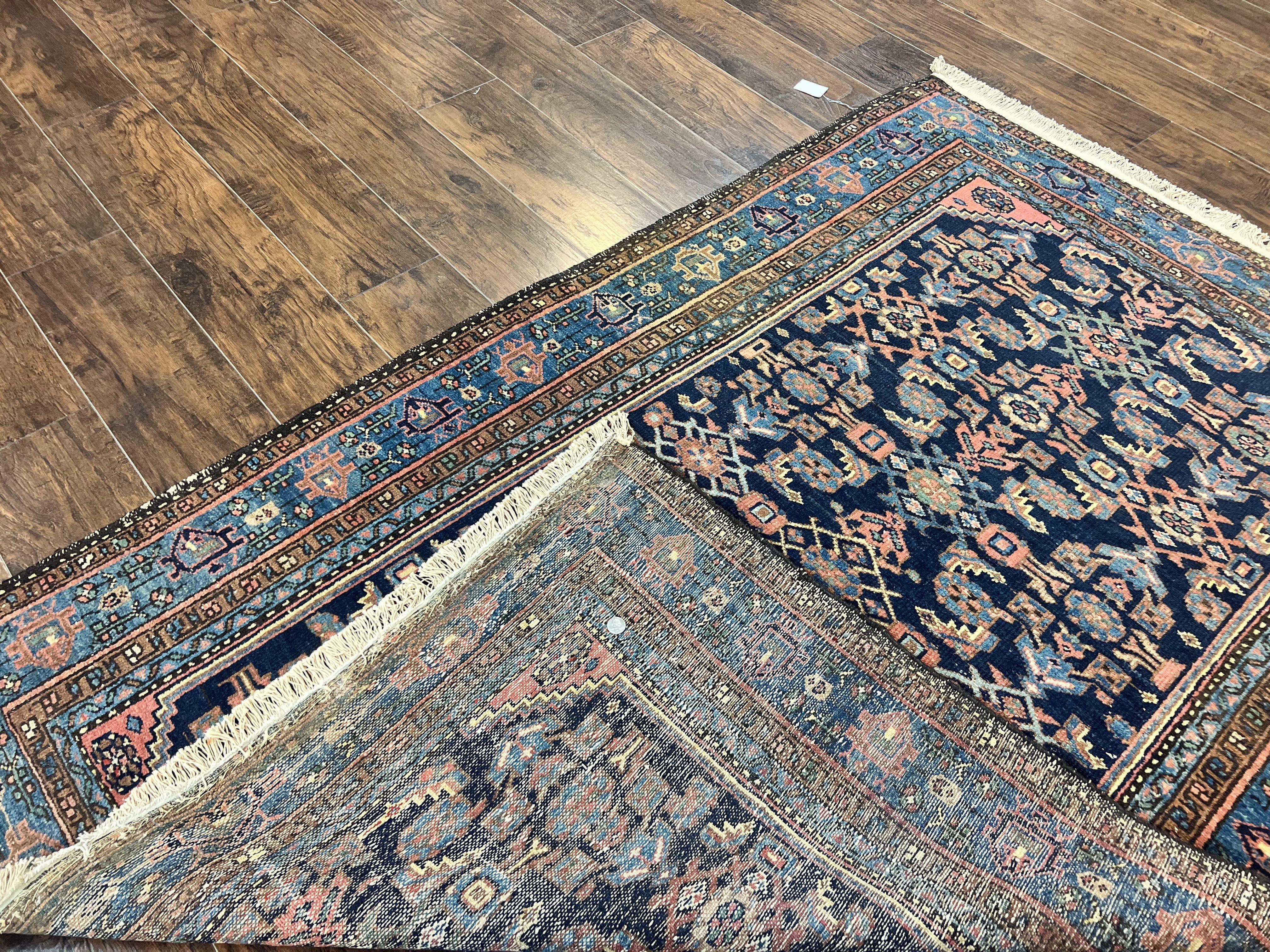 Antique Persian Tribal Rug 5x7, Navy Blue & Pink, Hand Knotted Handmade 1920s Wool Rug, Allover Pattern, Persian Hamadan Rug - Image 11