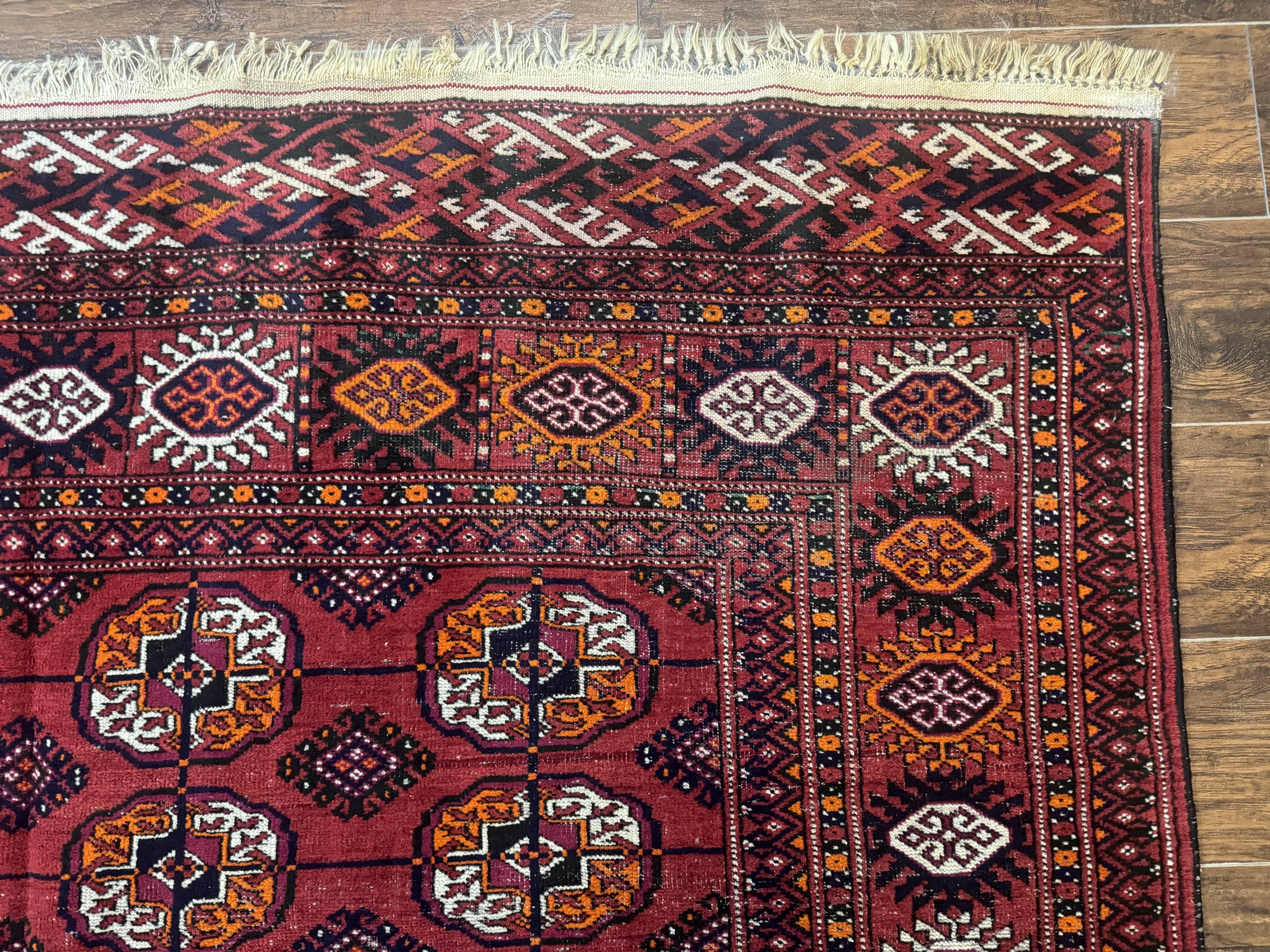 Antique Persian Turkoman Bokhara Rug 7x11, Tribal Rug, Red - Image 7