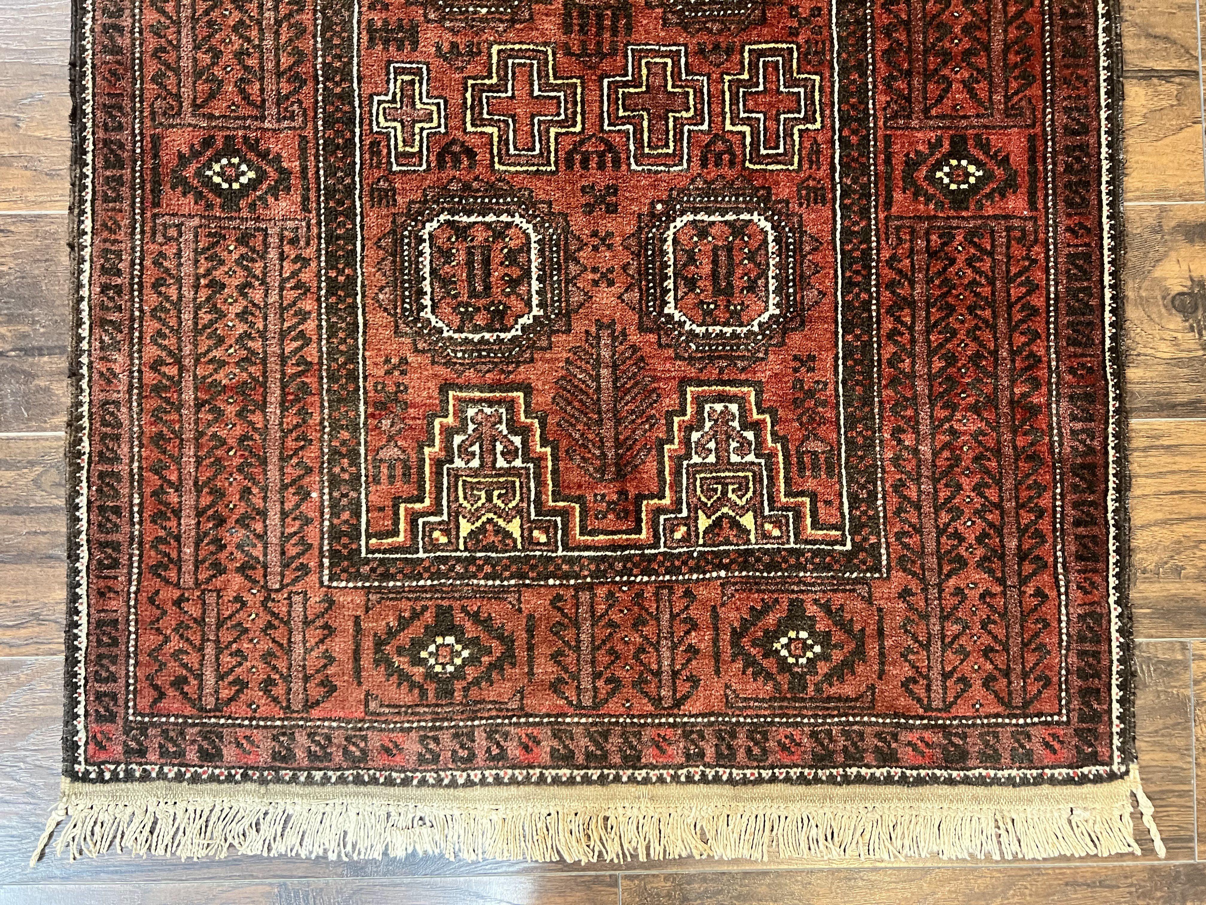 Antique Persian Turkoman Rug 3x6, Wool Tribal Handmade Carpet, Red and Black - Image 5