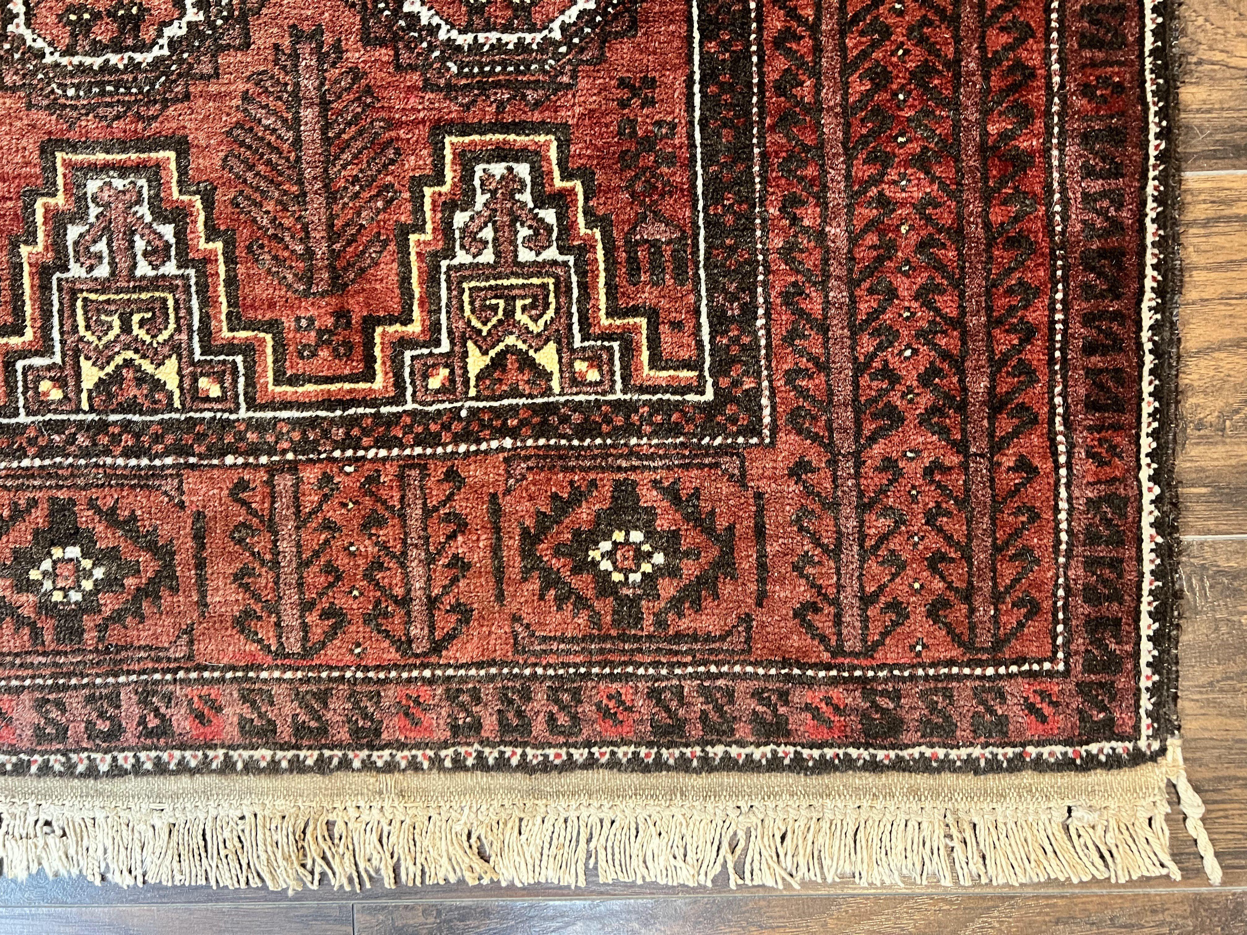 Antique Persian Turkoman Rug 3x6, Wool Tribal Handmade Carpet, Red and Black - Image 9