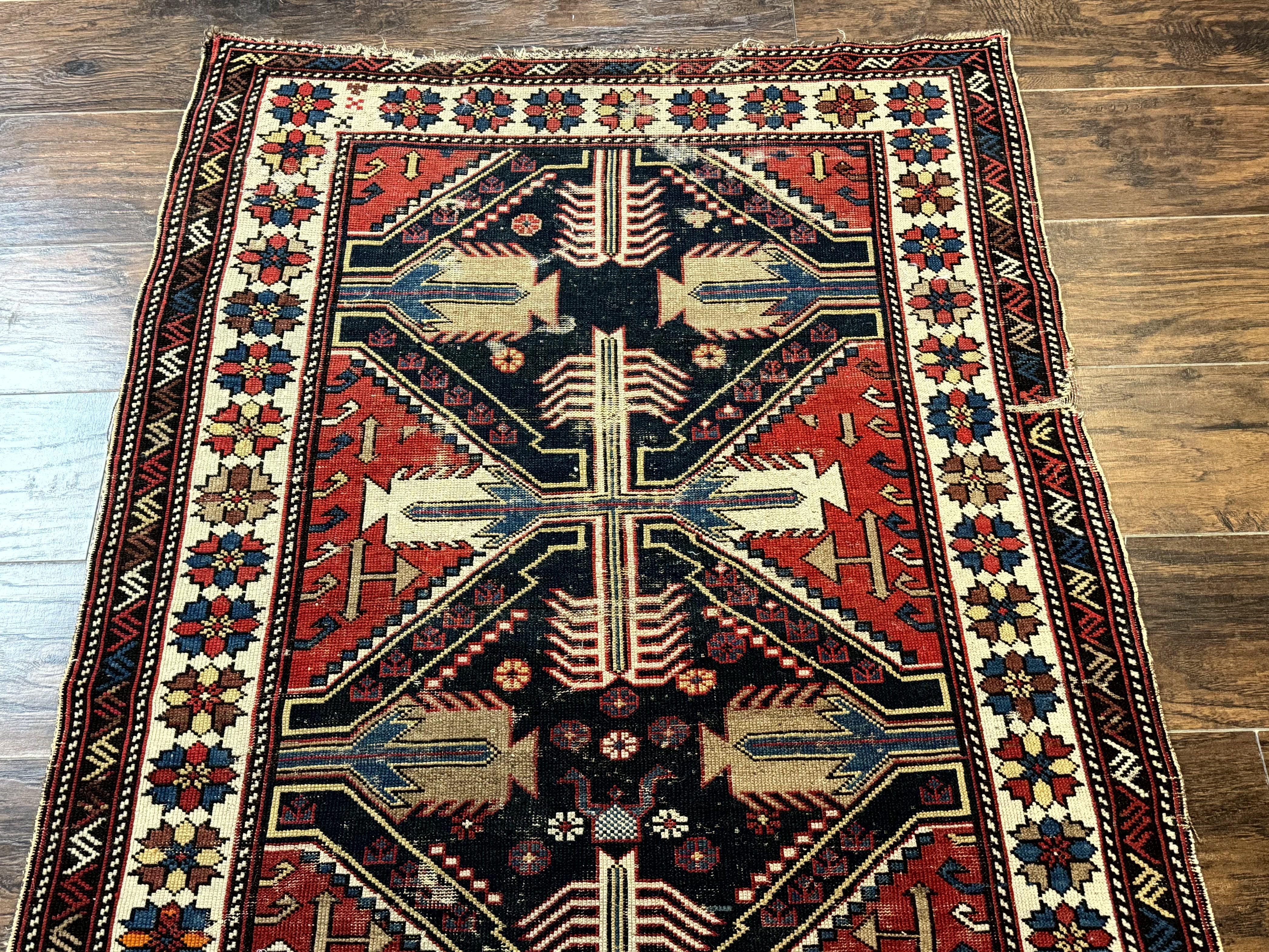 Antique Shirvan Caucasian Rug 3x5, Geometric Pattern, Red Navy Blue Beige - Image 2