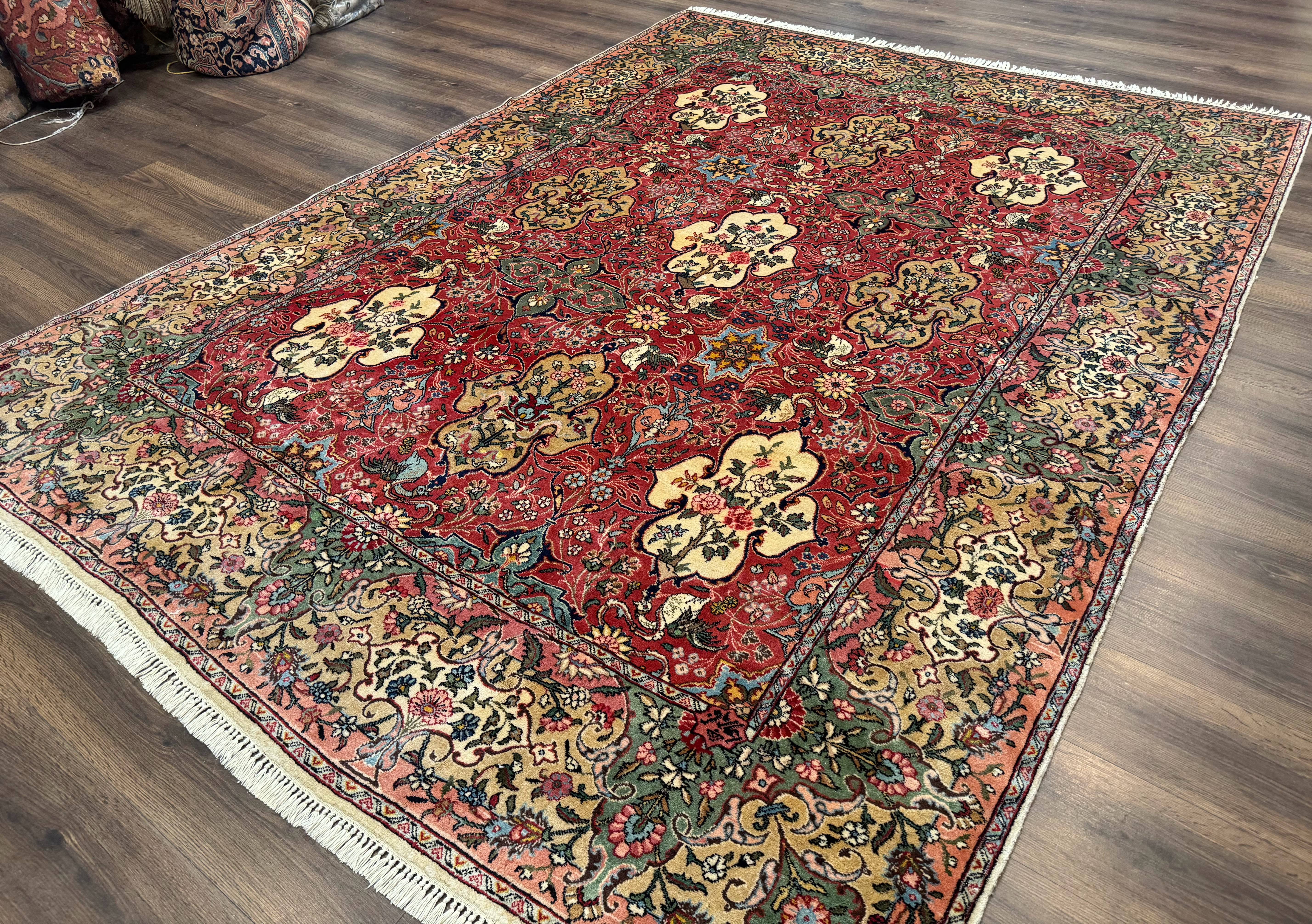 Antique Tabriz Persian Rug 7x10, Red Cream Tan, Unique Design, Fine 270 KPSI, Birds, Floral - Image 2