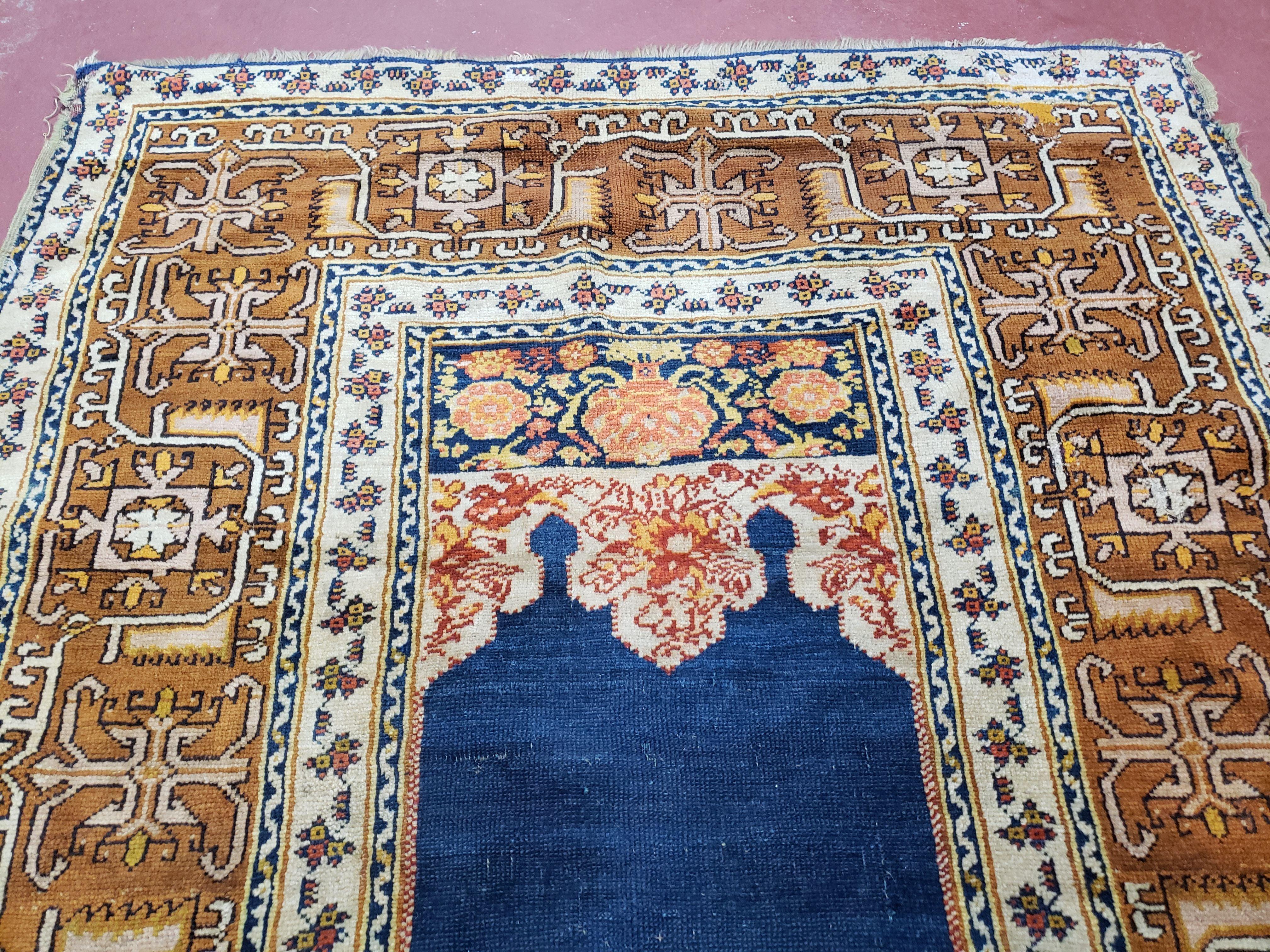 Antique Turkish Anatolian Ghiordes Prayer Rug, Twin Mihrabs, Rare Collectible Oriental Rug, Early 20th Century Prayer Rug, 3'9" x 5'2" - Image 12