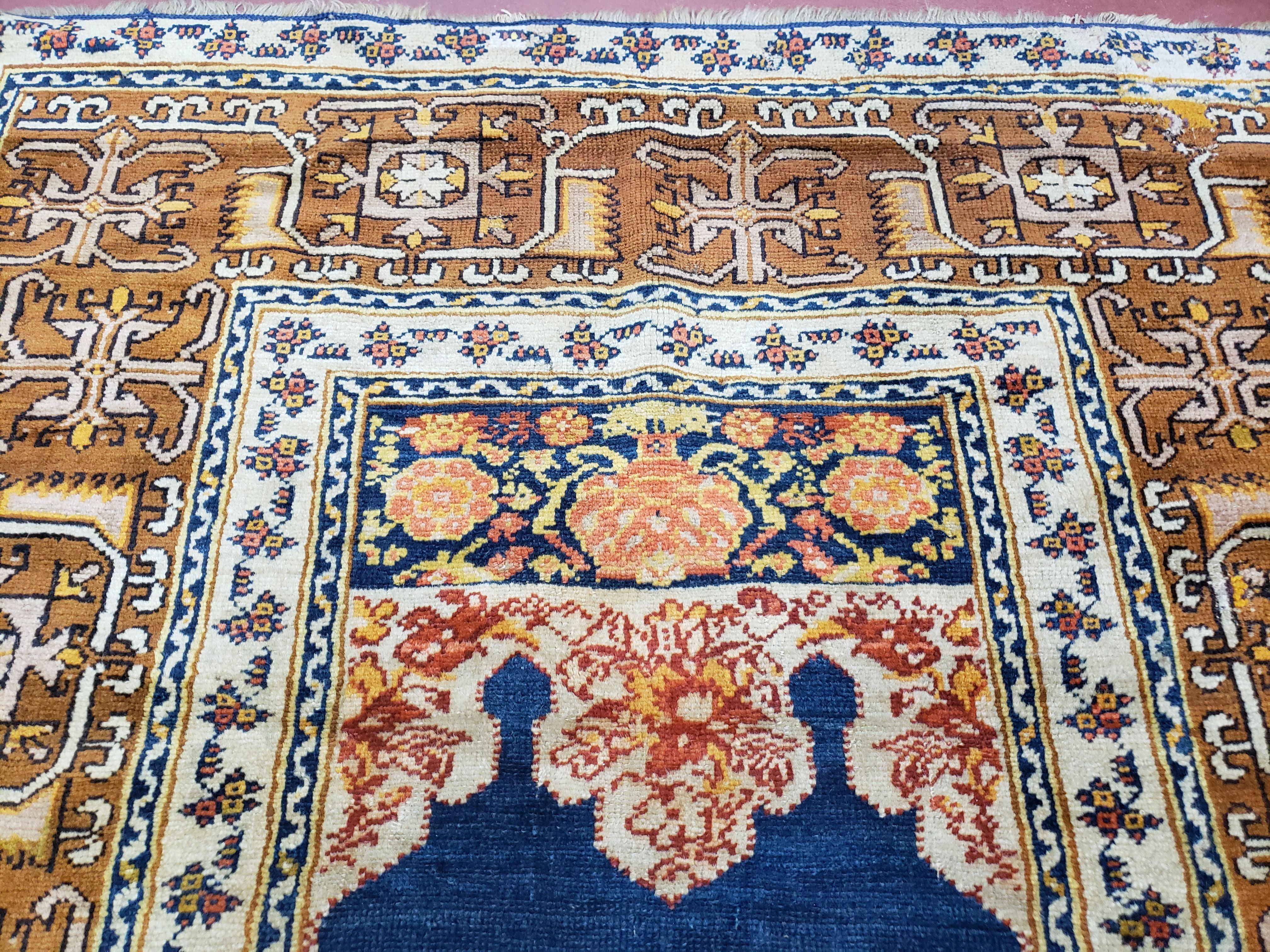 Antique Turkish Anatolian Ghiordes Prayer Rug, Twin Mihrabs, Rare Collectible Oriental Rug, Early 20th Century Prayer Rug, 3'9" x 5'2" - Image 3