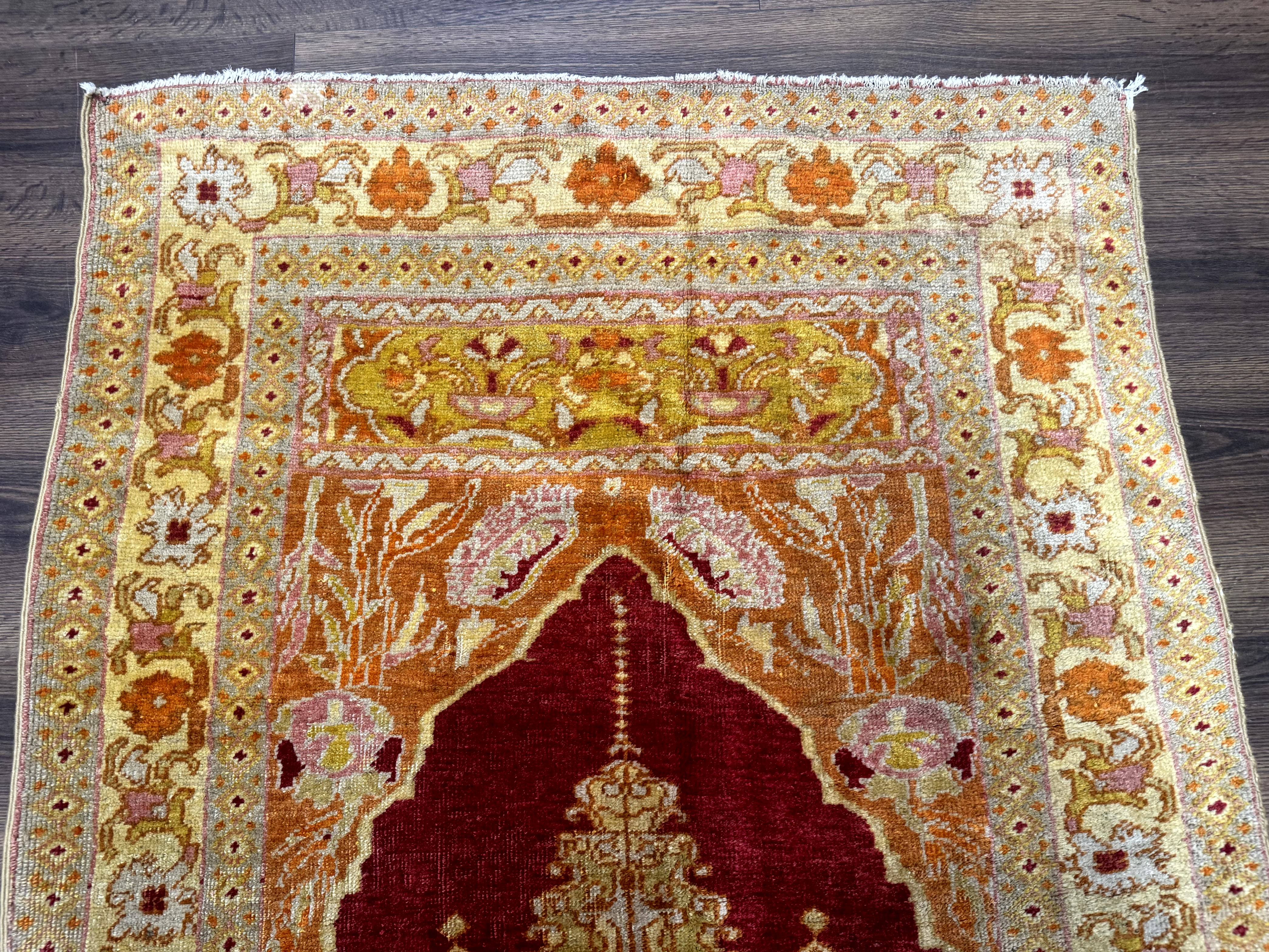 Antique Turkish Prayer Rug 4x6, Red and Golden Mustard, Mihrab Design, Anatolian Carpet - Image 3
