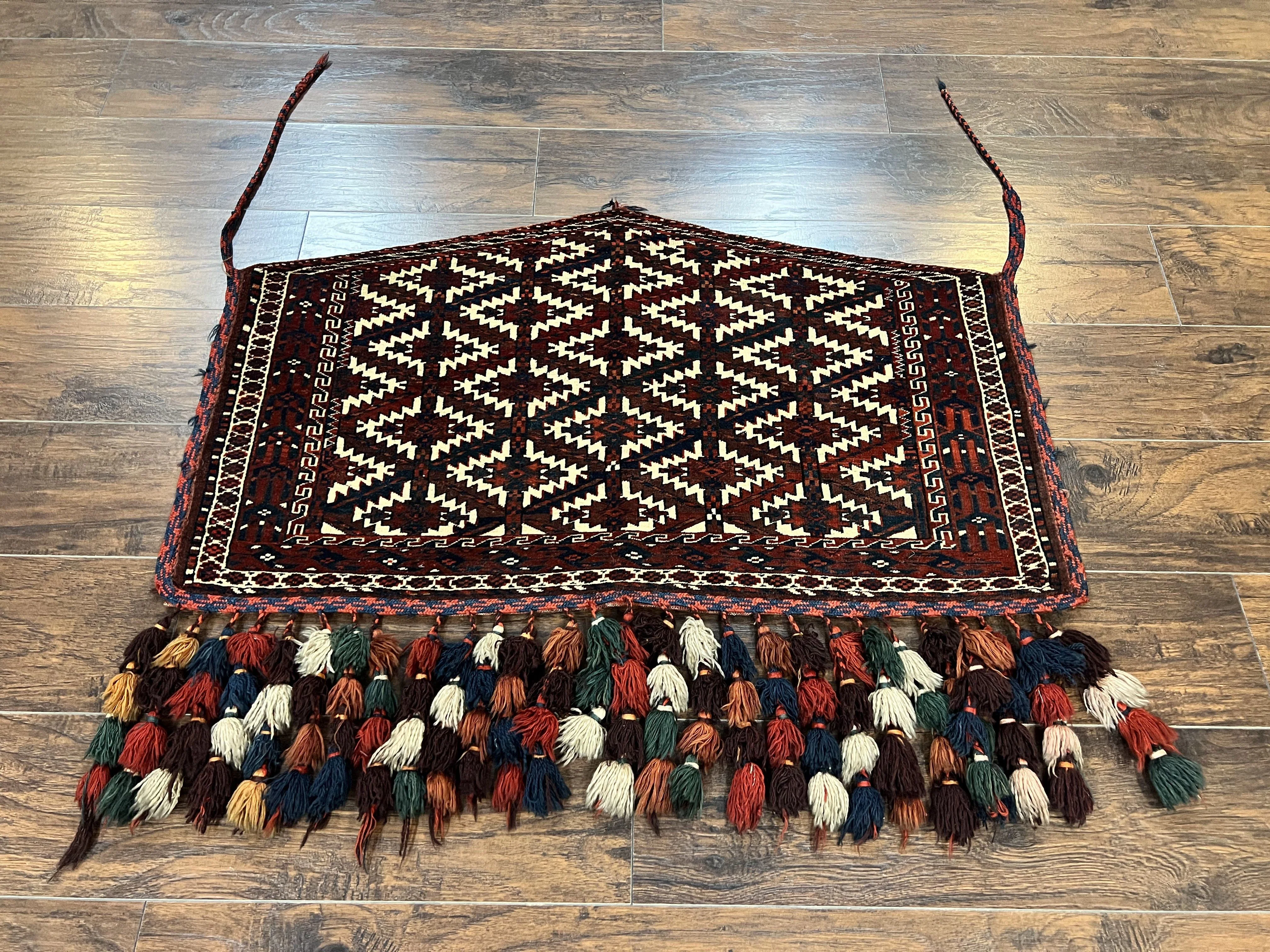 Antique Turkoman Camel Trapping, Turkoman Asmalyk, Red Black Ivory, Handmade, Hand Knotted Tribal Collectible Rug, Rare - Image 2