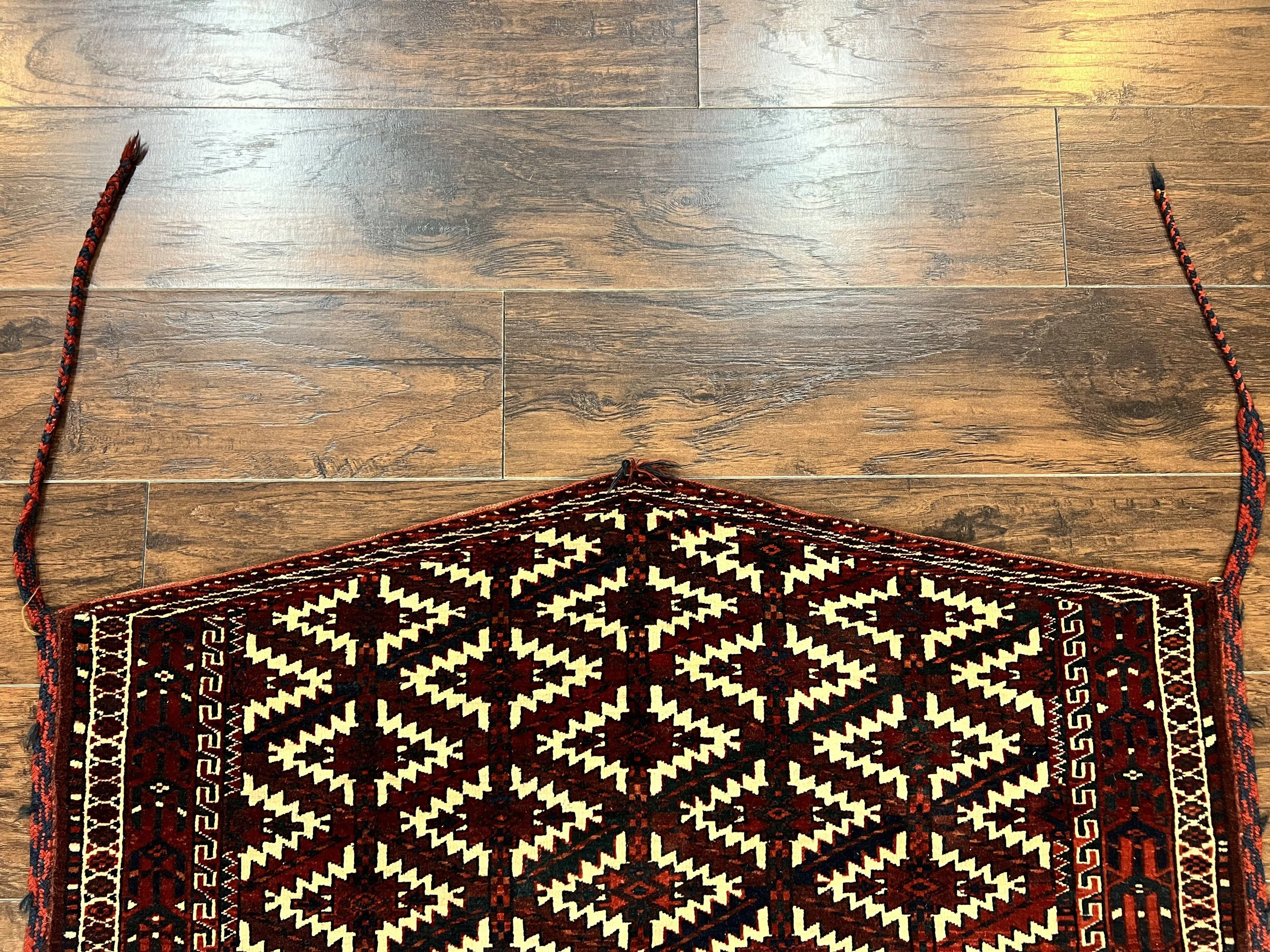 Antique Turkoman Camel Trapping, Turkoman Asmalyk, Red Black Ivory, Handmade, Hand Knotted Tribal Collectible Rug, Rare - Image 3