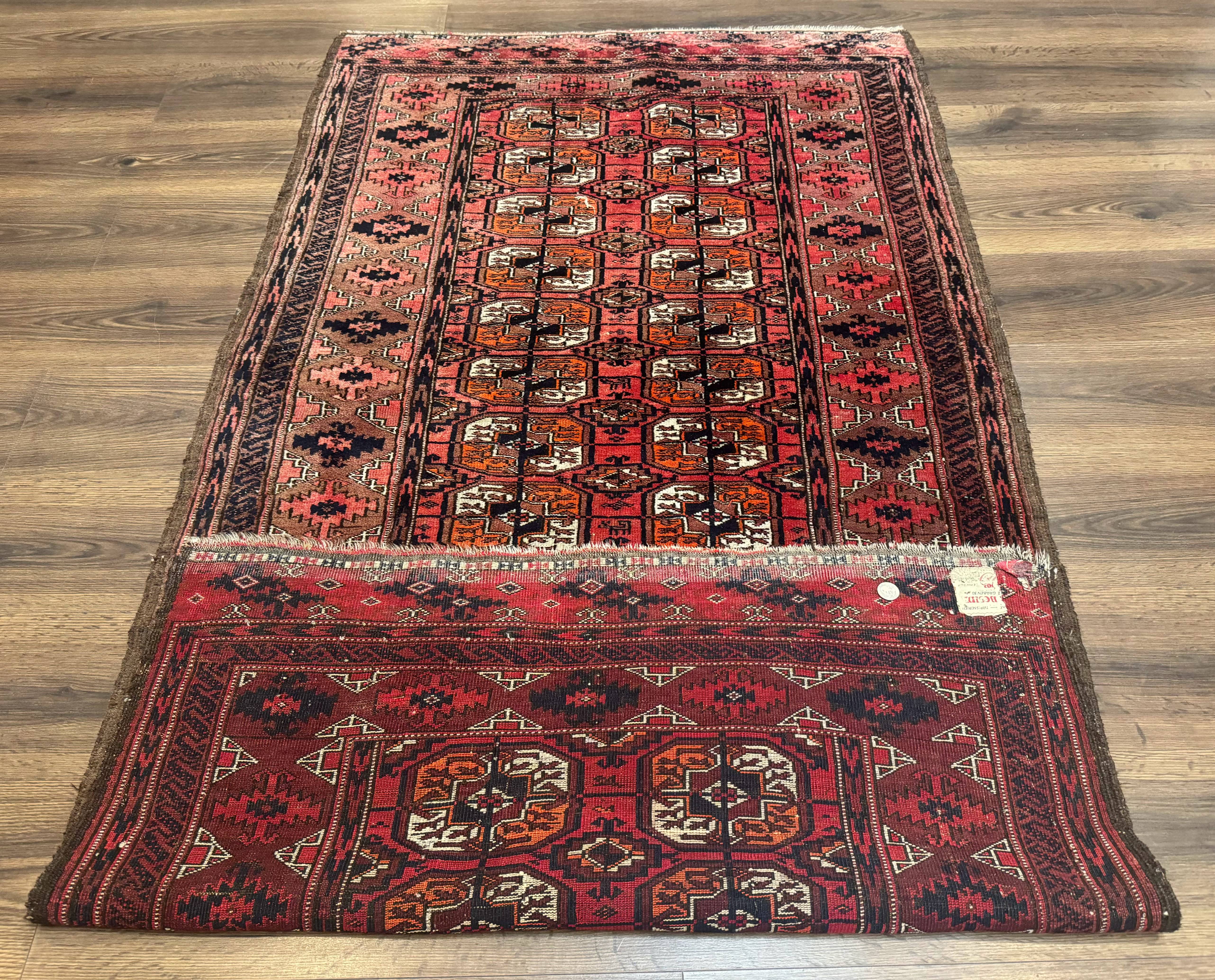Antique Turkoman Rug 3.7 x 6.7, Red, Wool Runner Rug - Image 11