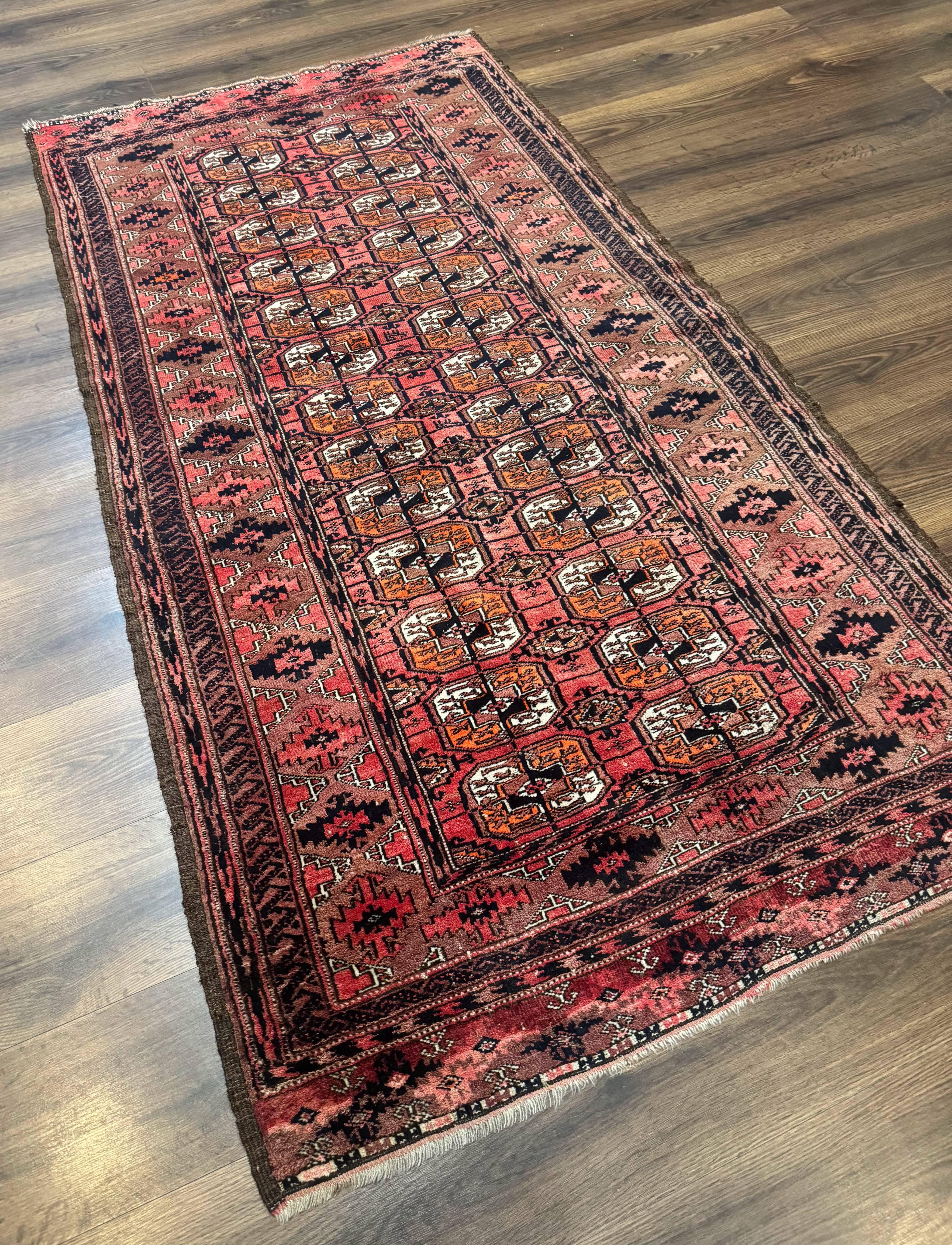 Antique Turkoman Rug 3.7 x 6.7, Red, Wool Runner Rug - Image 12