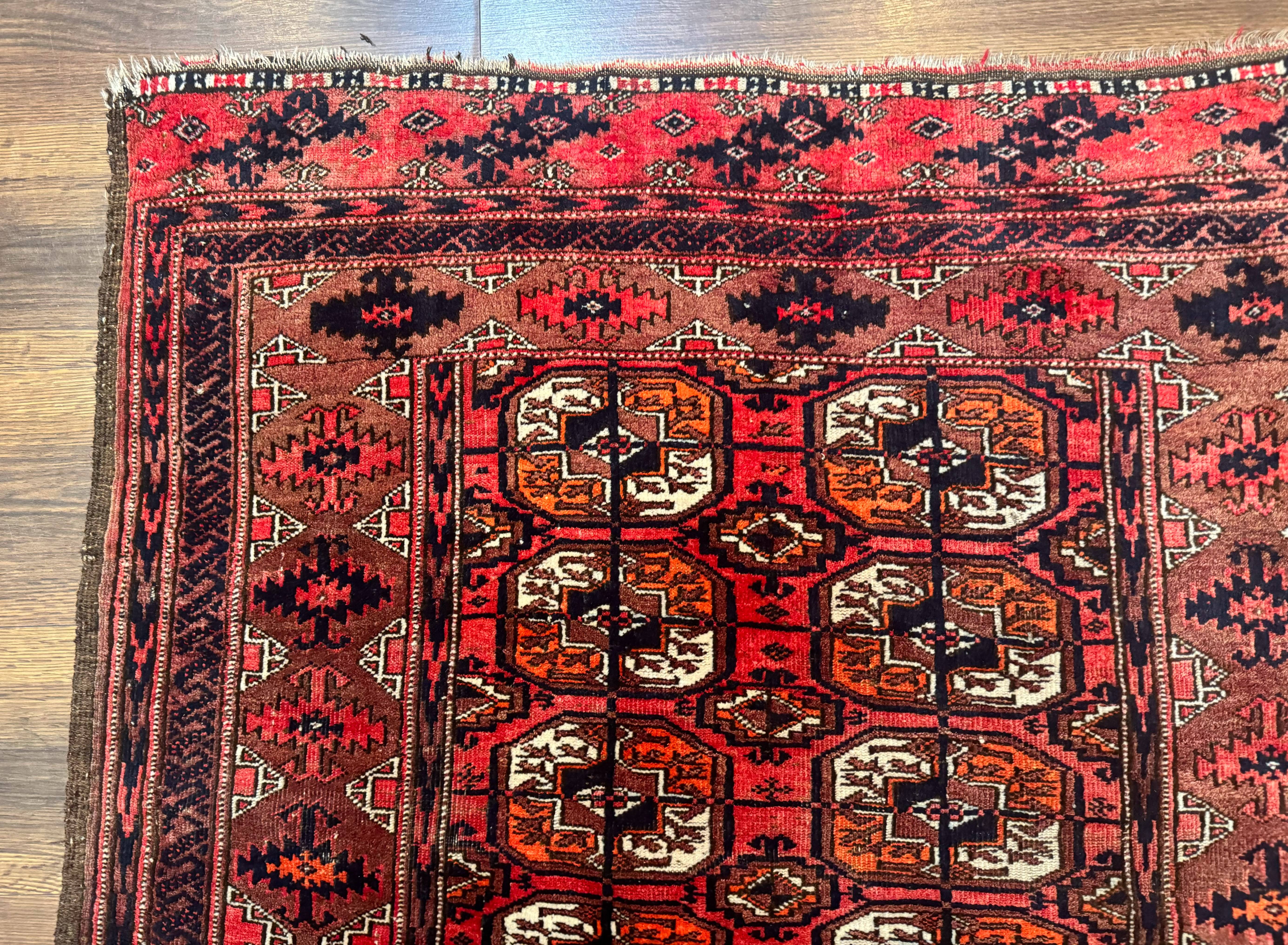Antique Turkoman Rug 3.7 x 6.7, Red, Wool Runner Rug - Image 6