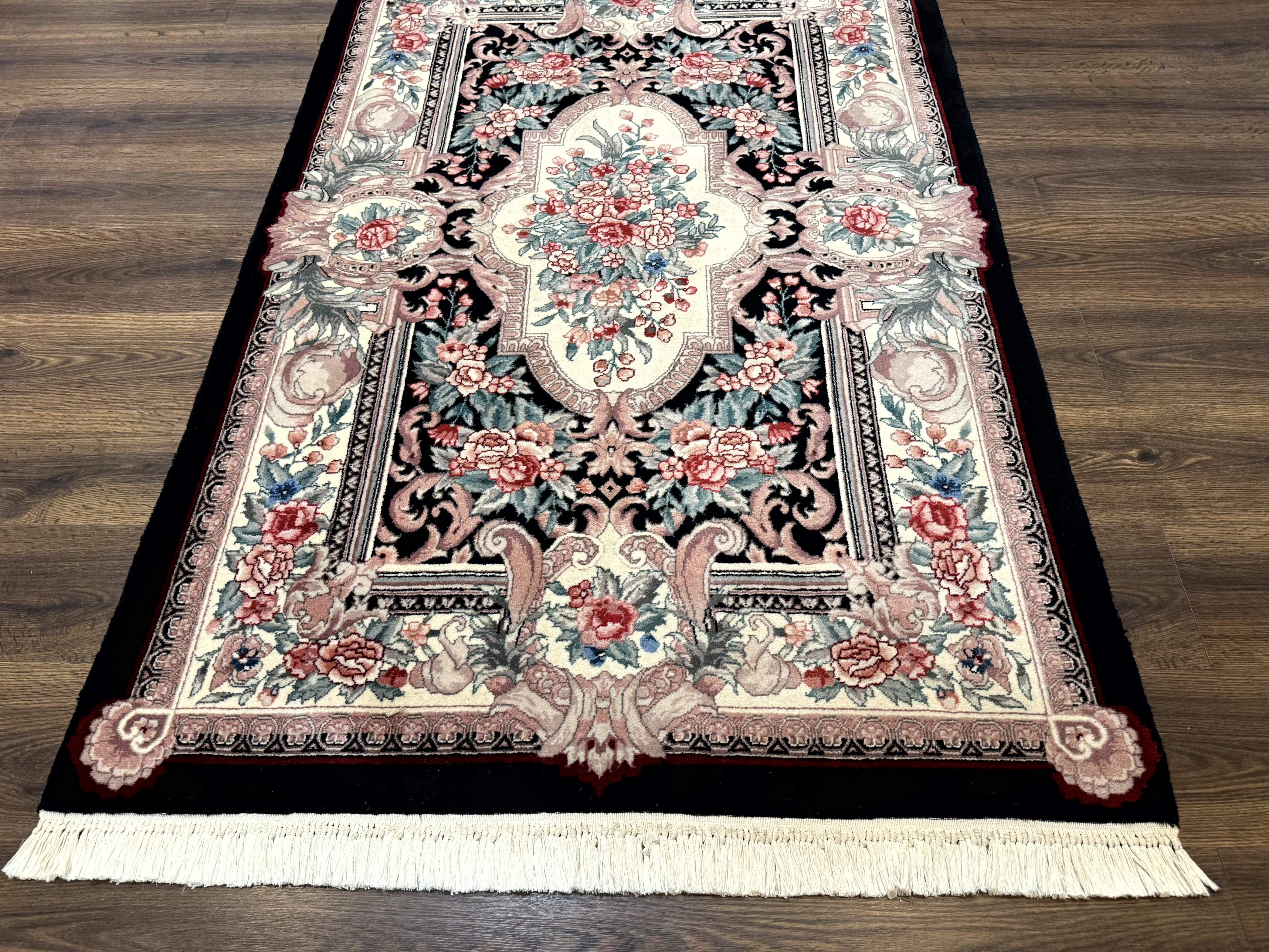 Aubusson Rug 4x6, Elegant European Floral Design, Black and Ivory, Fine 200 KPSI - Image 5