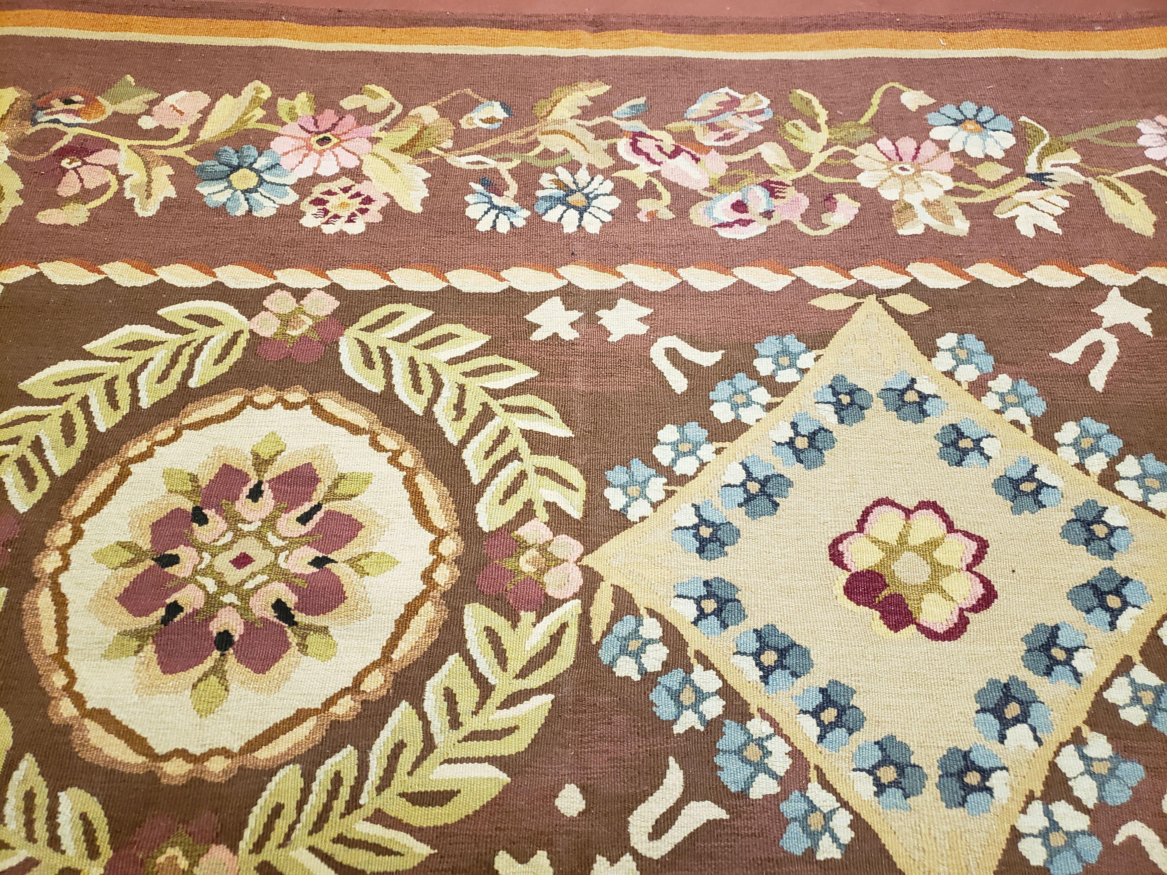 Aubusson Rug 6 x 9 Flat Weave Area Carpet European Design Flowers New Brown Rug Handmade Wool Hand-Knotted Aubusson Weave Medium Rug 6x9 - Image 11
