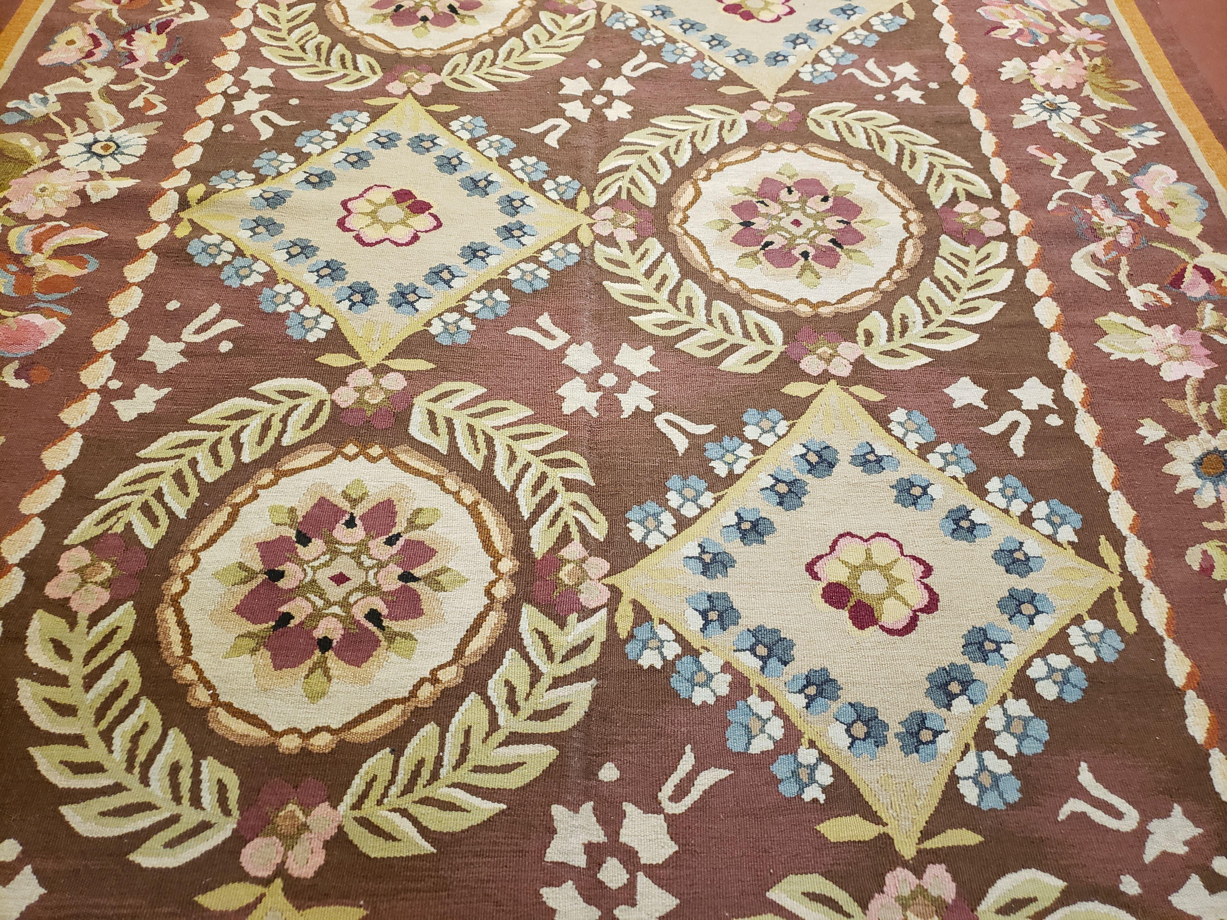 Aubusson Rug 6 x 9 Flat Weave Area Carpet European Design Flowers New Brown Rug Handmade Wool Hand-Knotted Aubusson Weave Medium Rug 6x9 - Image 5