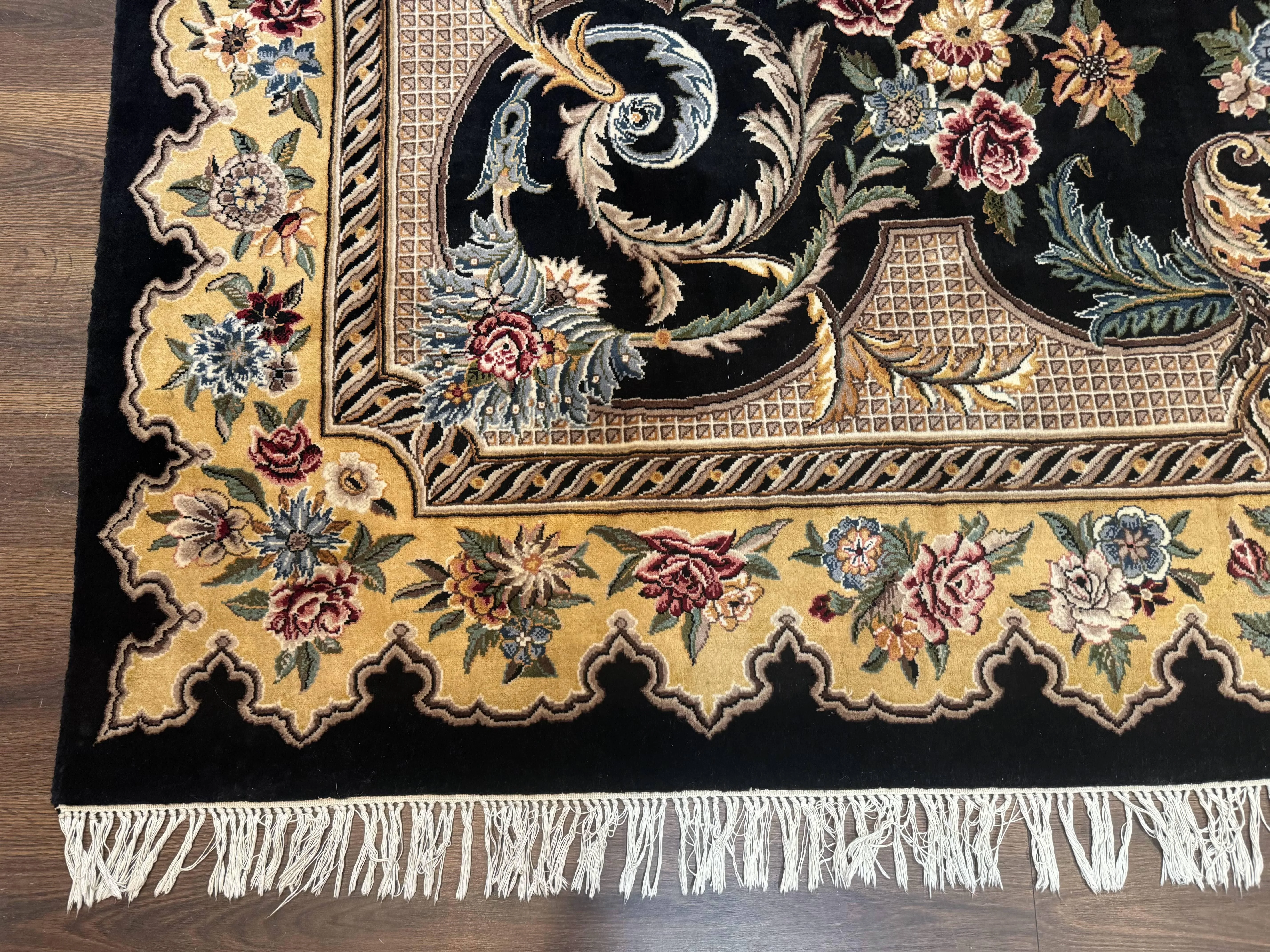 Aubusson Rug 9x12, Black and Beige, Floral, Elegant Handmade French European Design Carpet - Image 8