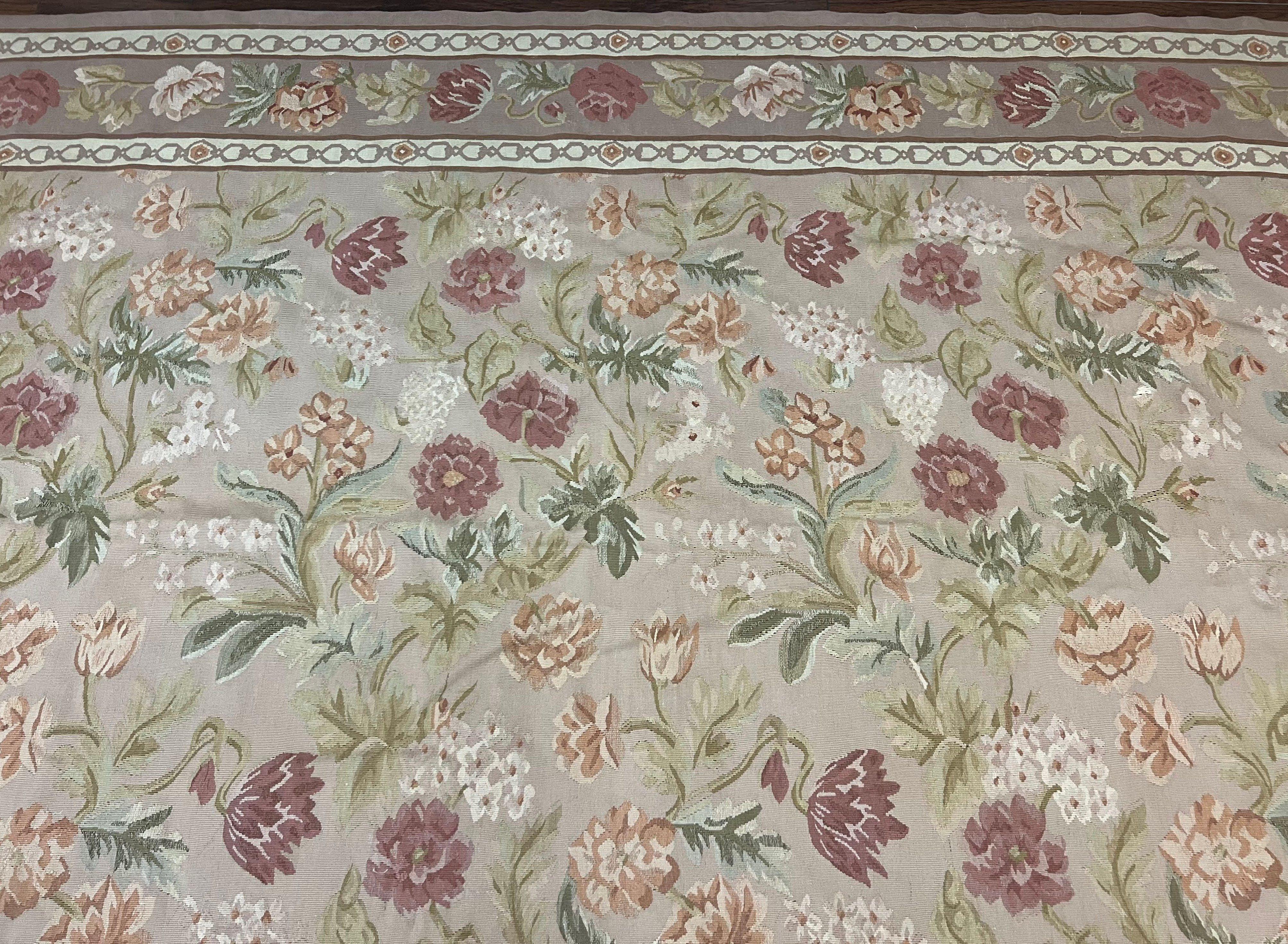 Aubusson Rug 9x12, Pink Beige Light Mauve, Handmade Allover Floral Roses, Wool Flatweave Carpet 9 x 12 ft, European French Design, Elegant - Image 3