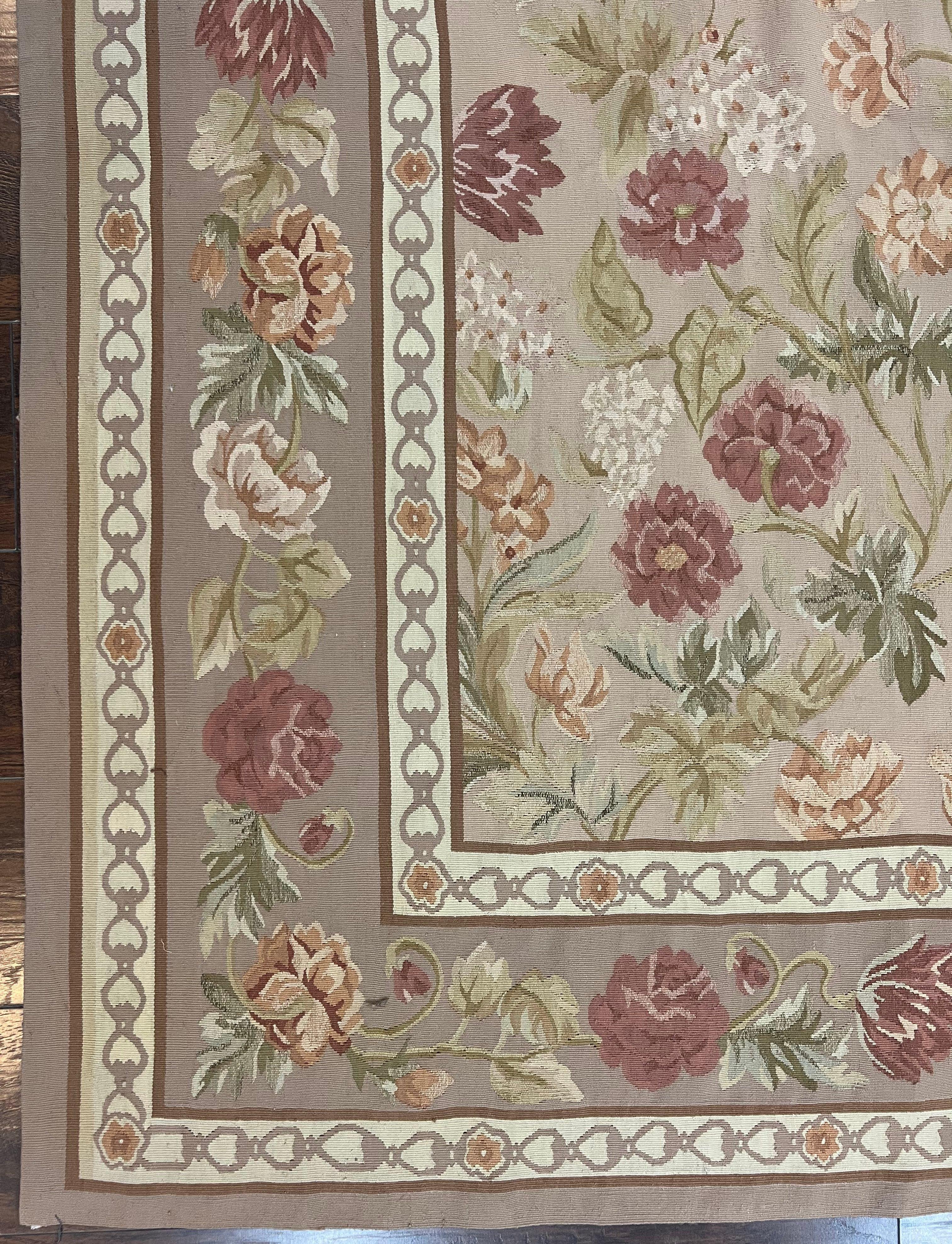 Aubusson Rug 9x12, Pink Beige Light Mauve, Handmade Allover Floral Roses, Wool Flatweave Carpet 9 x 12 ft, European French Design, Elegant - Image 8