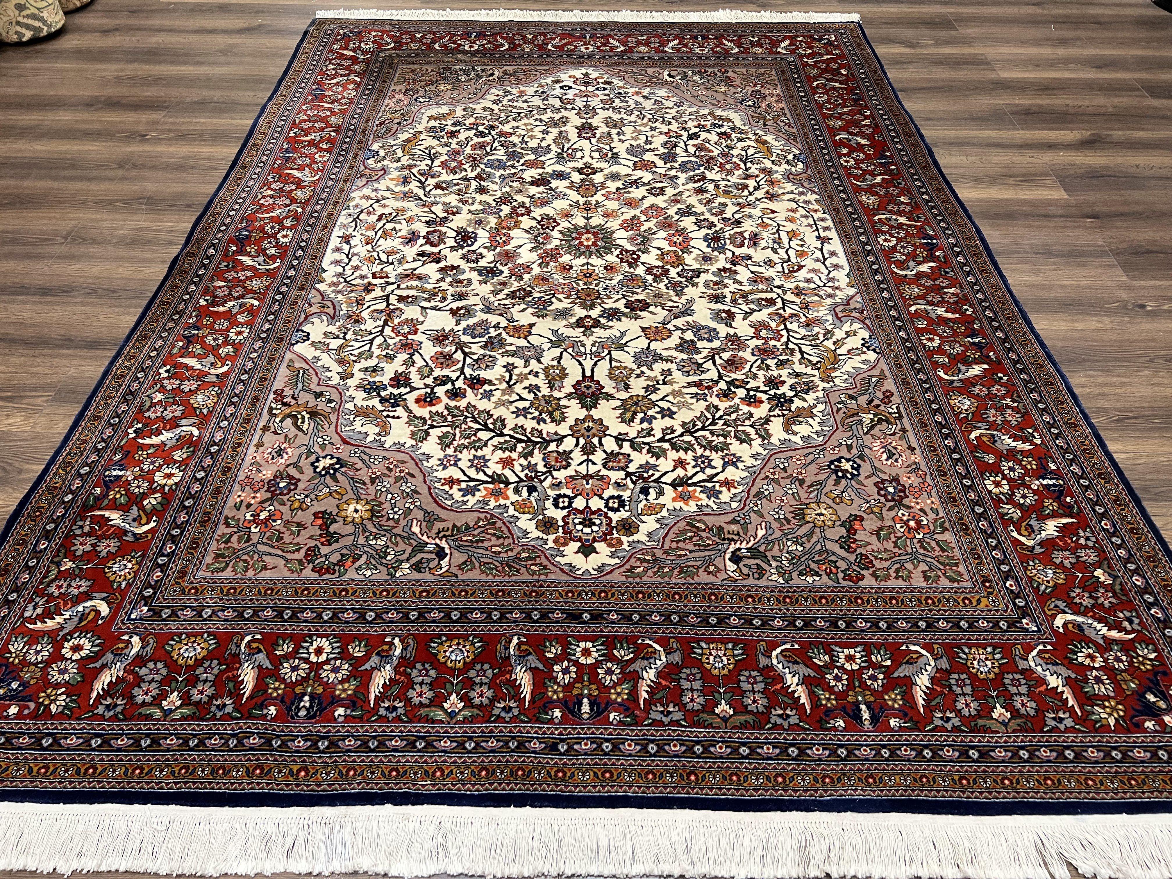 Beautiful Sino Persian Rug 7x10, Circle of Life Tree of Life Rug, Birds, Cream Red Navy Blue Taupe, Wool Silk Accents, Hand Knotted Vintage